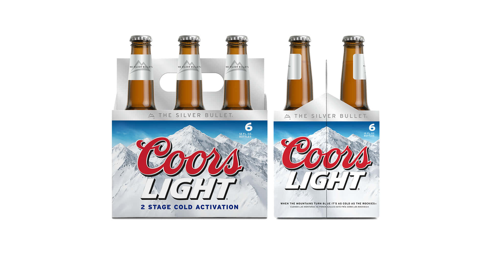 Beer Bottle 桌布 壁紙 — 兩組六罐裝Coors Light啤酒，帶有山脈圖案，白色背景。
