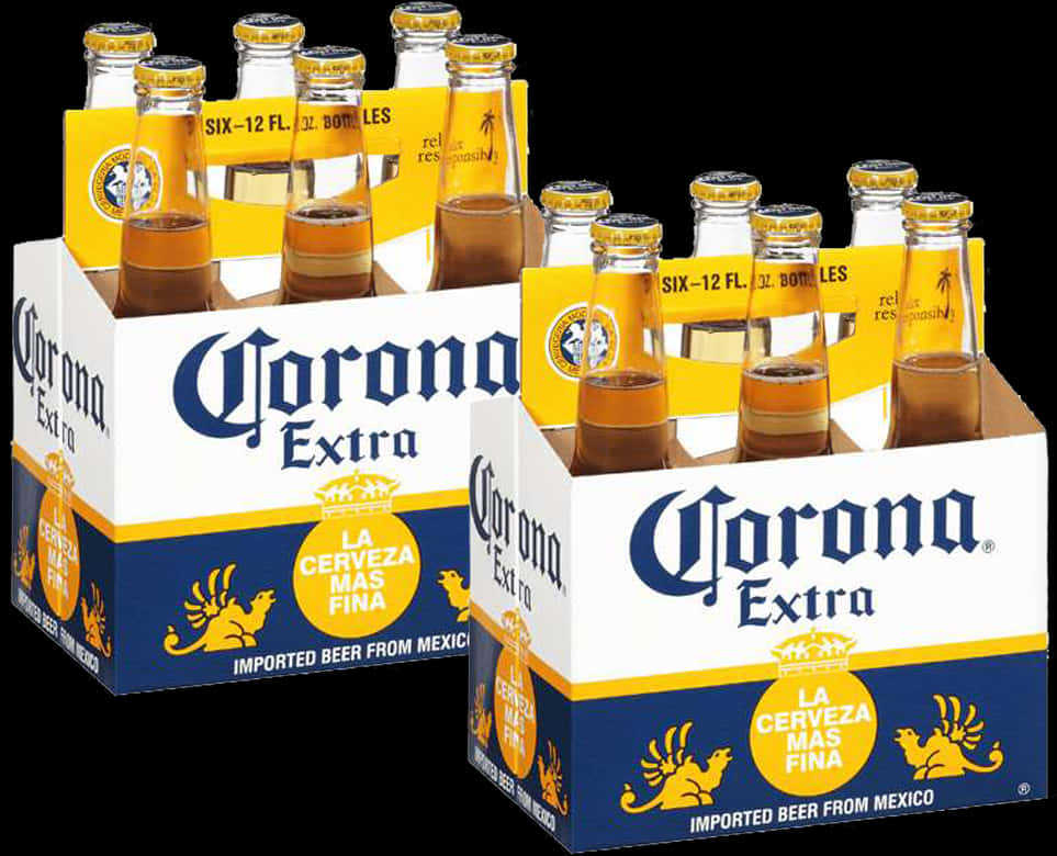 Corona Beer 桌布 壁紙 — 兩組六罐裝Corona Extra啤酒瓶，金色液體和標誌性藍黃包裝，黑色背景。