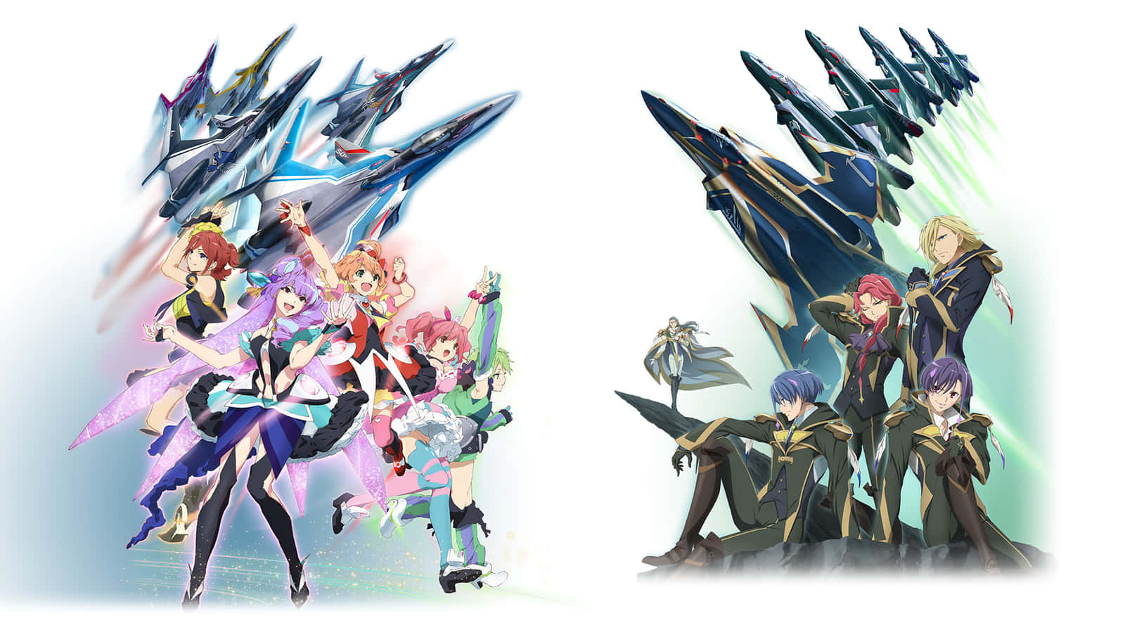 Macross Delta 桌布 壁紙 — 兩組動漫角色，身後有未來風格的戰鬥機在明亮的漸變背景上翱翔。