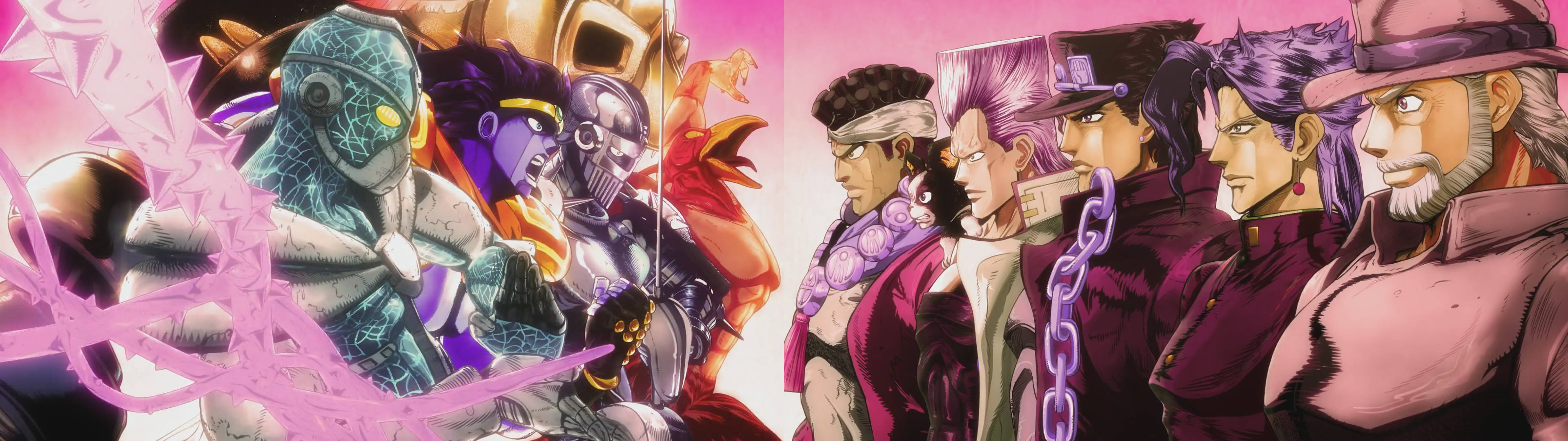 jojo 4K 桌布 壁紙 — 兩組動漫角色在充滿活力的粉紅色和紫色能量效果下，於戲劇性的戰鬥場景中對峙。