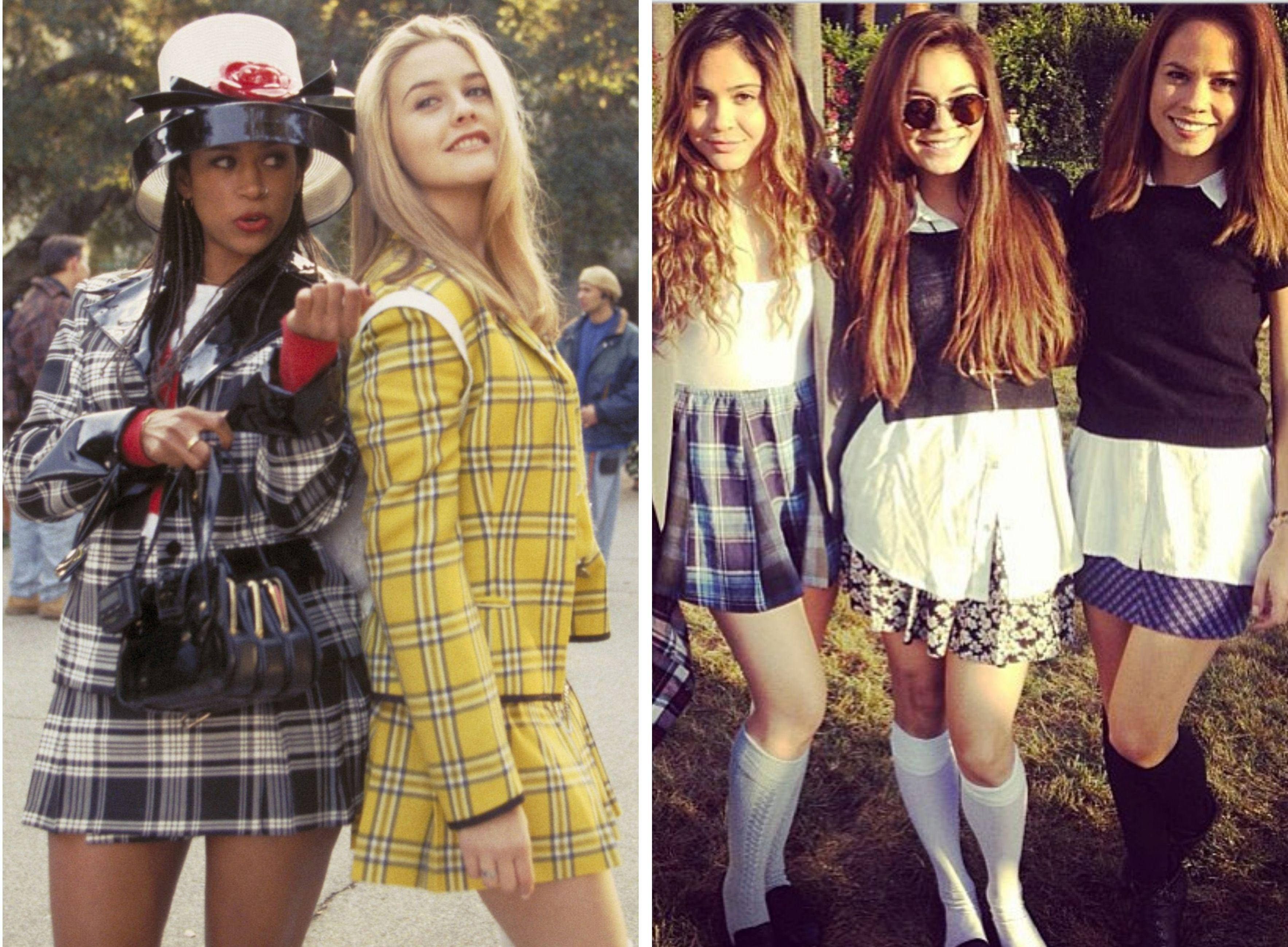 Clueless 桌布 壁紙 — 兩組穿著復古校服的年輕女性在戶外擺姿勢，搭配鮮豔的格子裙和搶眼的配飾。