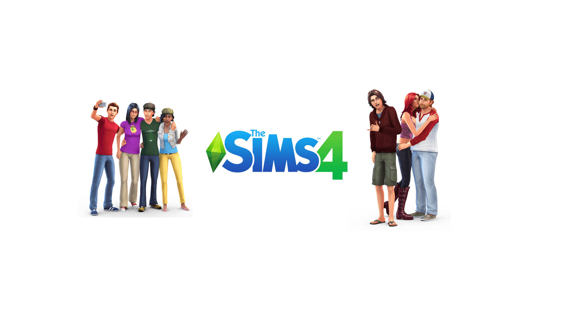 電玩遊戲 桌布 壁紙 — 兩組色彩繽紛的 Sims 角色在乾淨的白色背景上，於 The Sims 4 標誌旁邊愉快地擺姿勢。