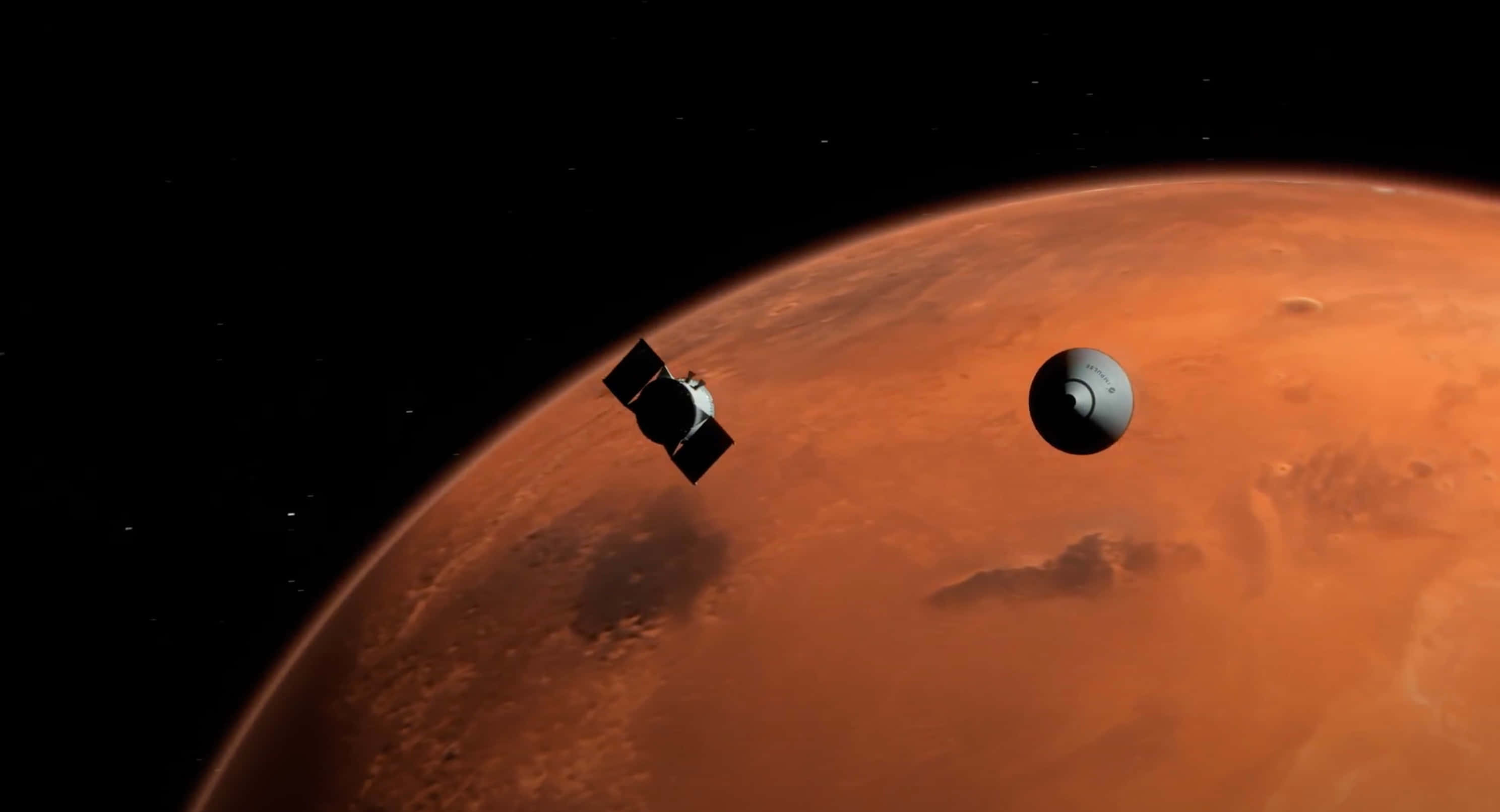 Mars Planet 桌布 壁紙 — 兩艘太空船在佈滿星星的黑色虛空中環繞著一個生鏽紅色行星運行。