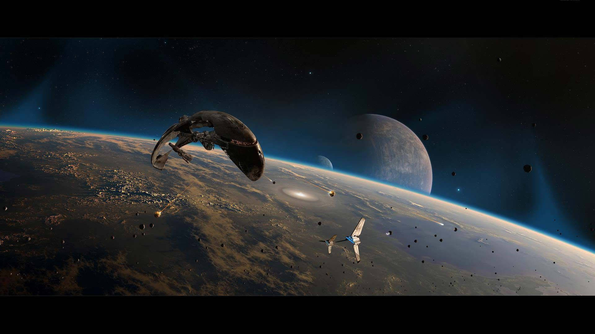Spaceship 桌布 壁紙 — 兩艘太空船在星際宇宙天空下，於行星和月球附近的小行星帶中航行。