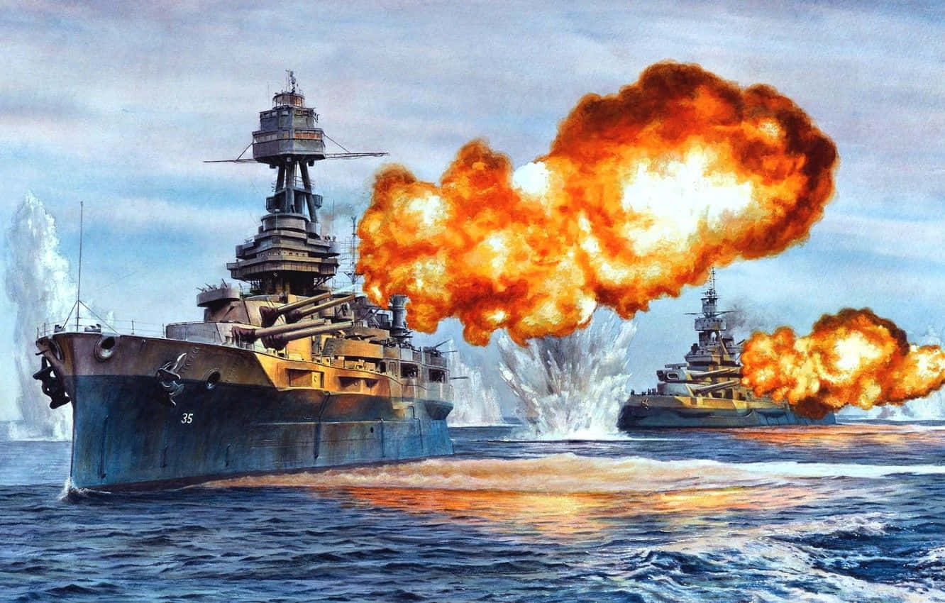 Battleship 桌布 壁紙 — 兩艘巨型戰艦在多雲的天空下於海面上引發猛烈爆炸。