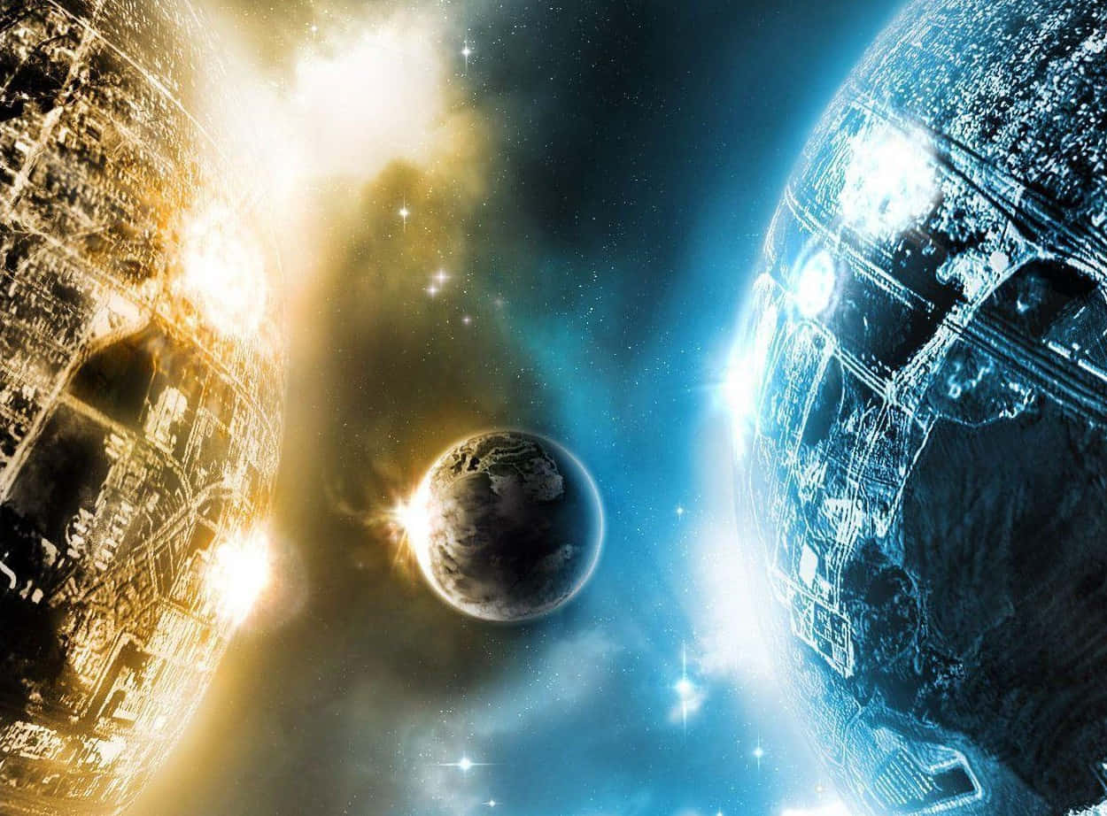 Planets 桌布 壁紙 — 兩艘巨大的死星太空船在一個充滿星星的宇宙虛空中，伴隨著發光的星雲，夾著一個小行星。
