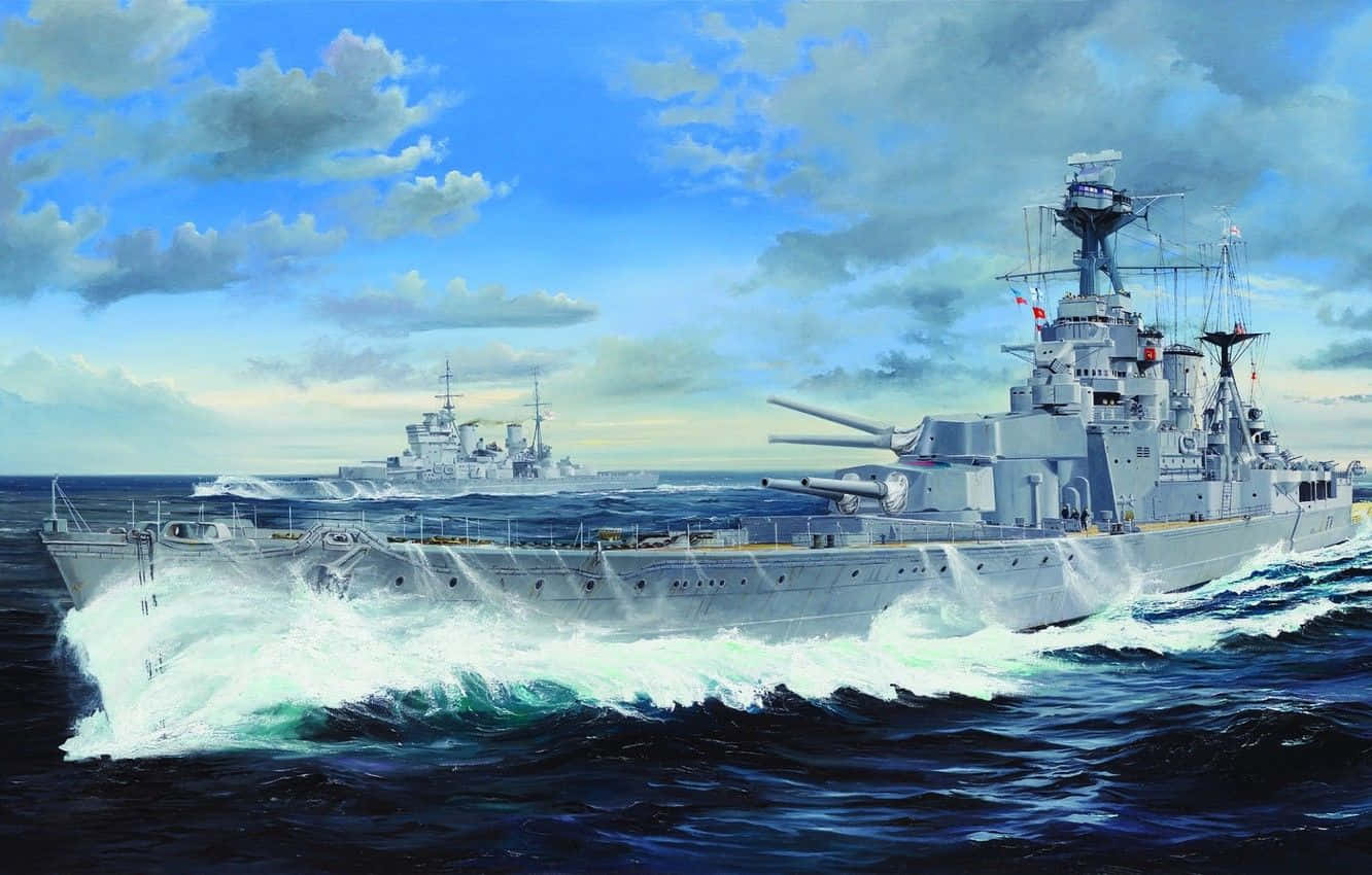 Battleship 桌布 壁紙 — 兩艘巨大的灰色軍艦在部分多雲的天空下劃過波濤洶湧的藍色海水。