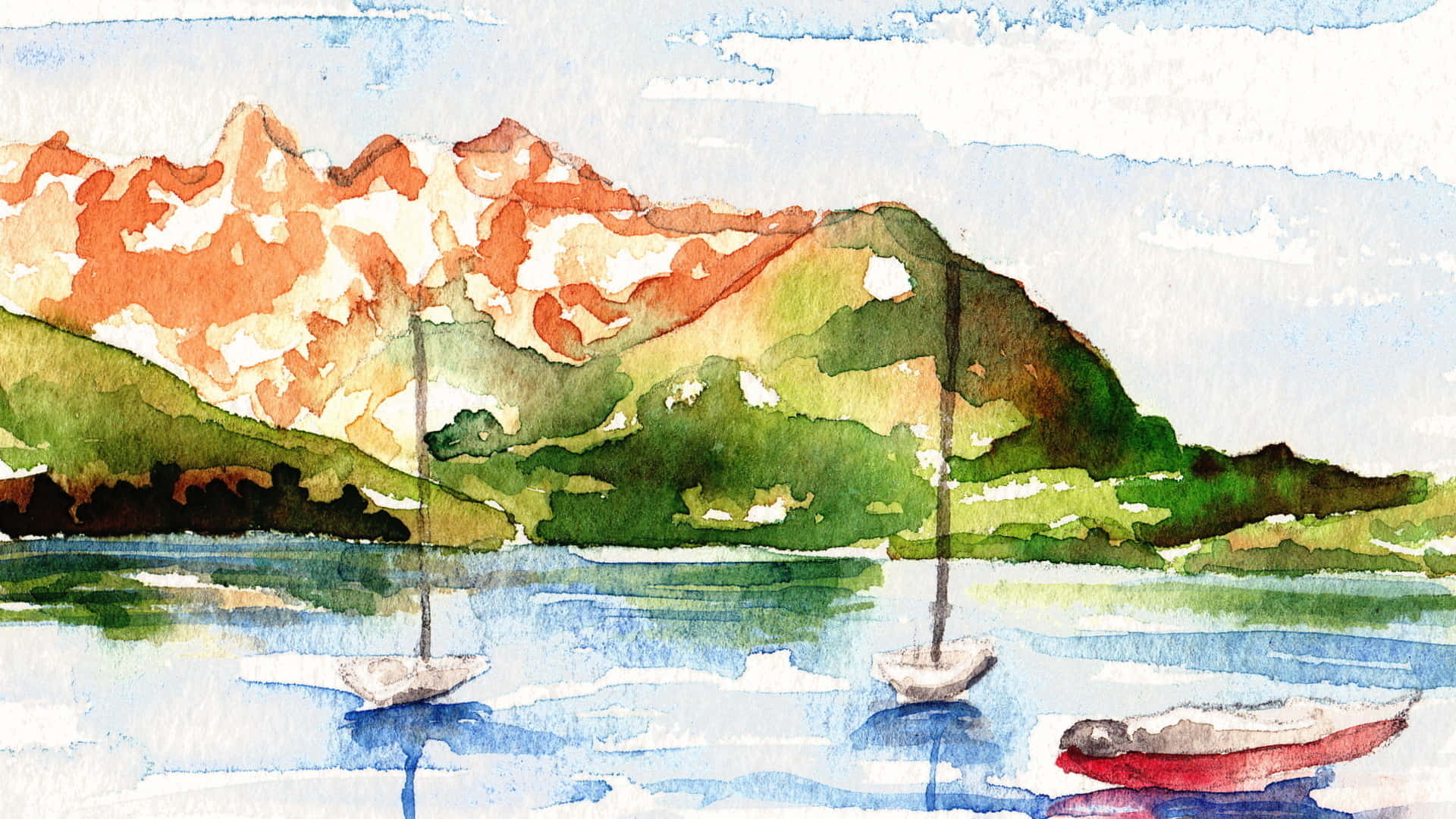 Watercolor 桌布 壁紙 — 兩艘帆船和一個紅色皮划艇在平靜的藍色水面上休息，背景是綠色山丘和橙色山脈，天空柔和。