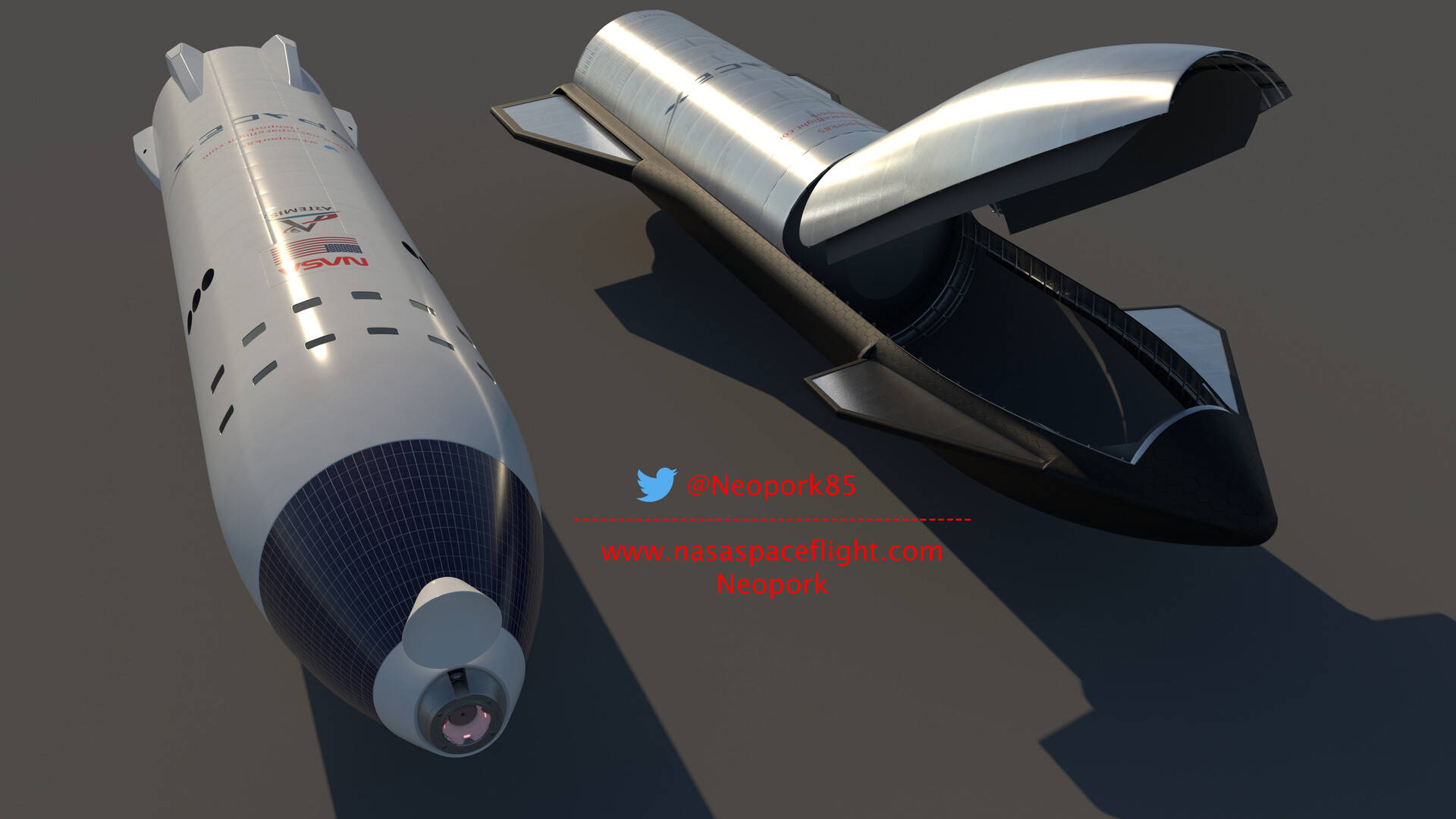 Spacex Starship 桌布 壁紙 — 兩艘帶有NASA標誌的時尚未來太空船在工作室燈光下放置在灰色表面上。
