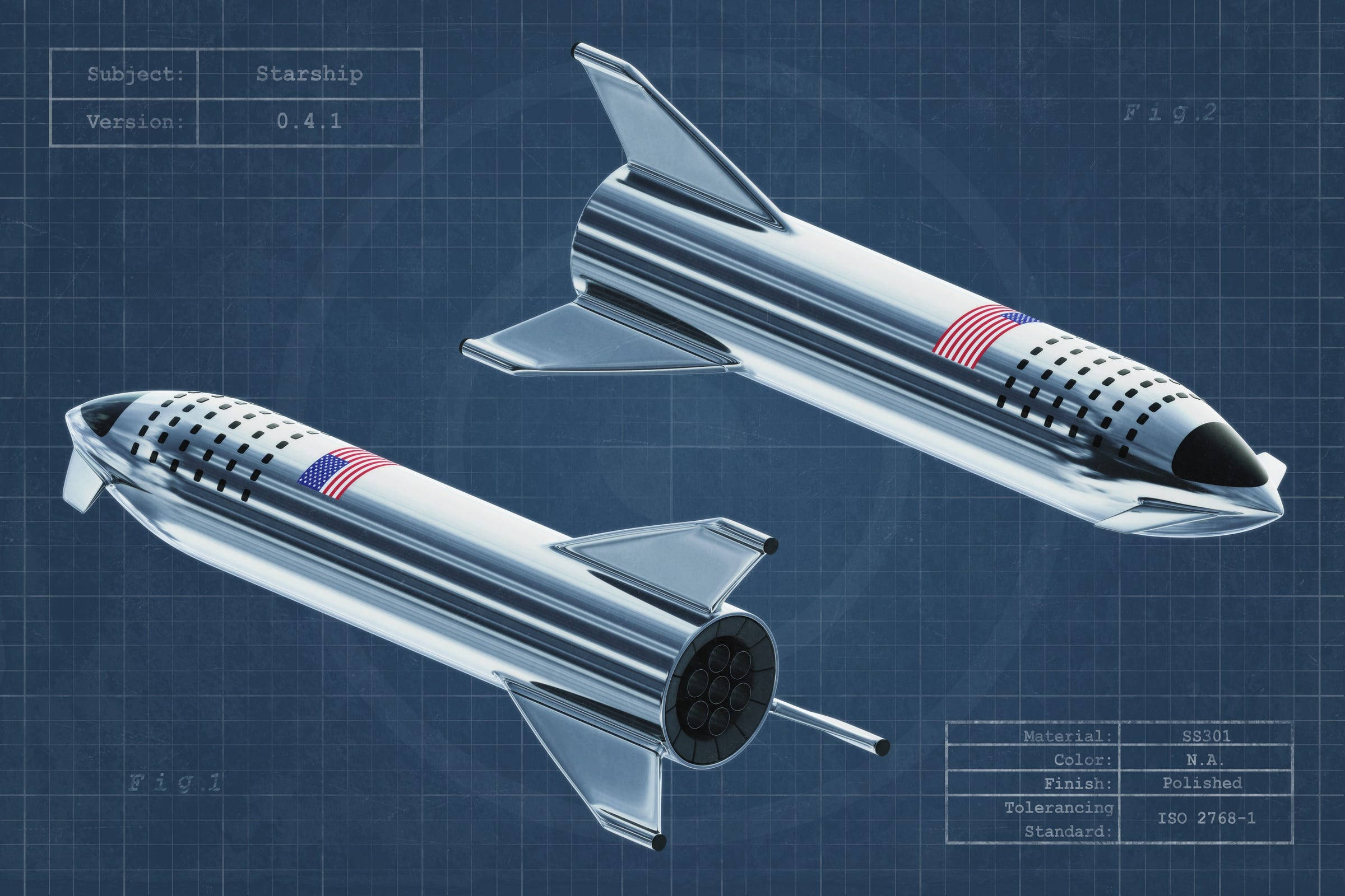 Spacex Starship 桌布 壁紙 — 兩艘帶有美國國旗的時尚銀色星艦在藍色技術藍圖背景上渲染。