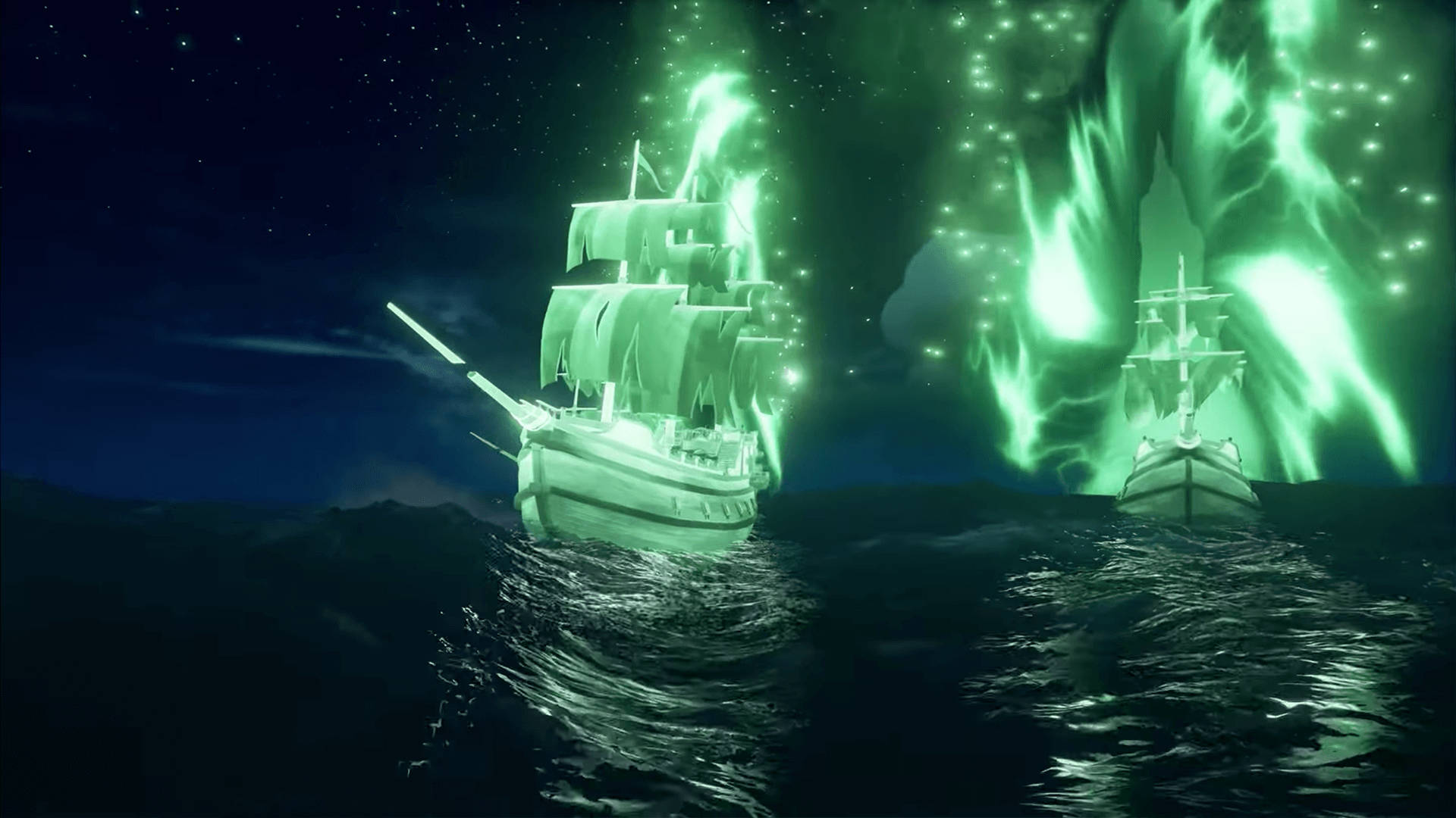 Ghost Ship 桌布 壁紙 — 兩艘幽靈船在星空下航行於黑暗水域，詭異的綠色極光在它們上方舞動。