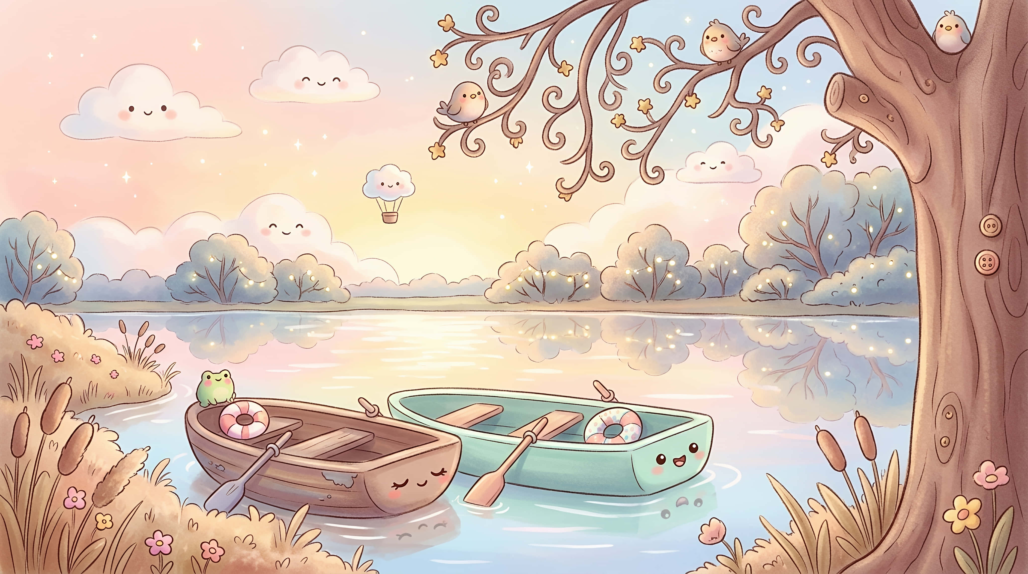 Water Lilies 桌布 壁紙 — 兩艘微笑的划艇在平靜的湖面上漂浮，天空是粉彩色的，有可愛的雲朵和棲息在奇特樹枝上的小鳥。
