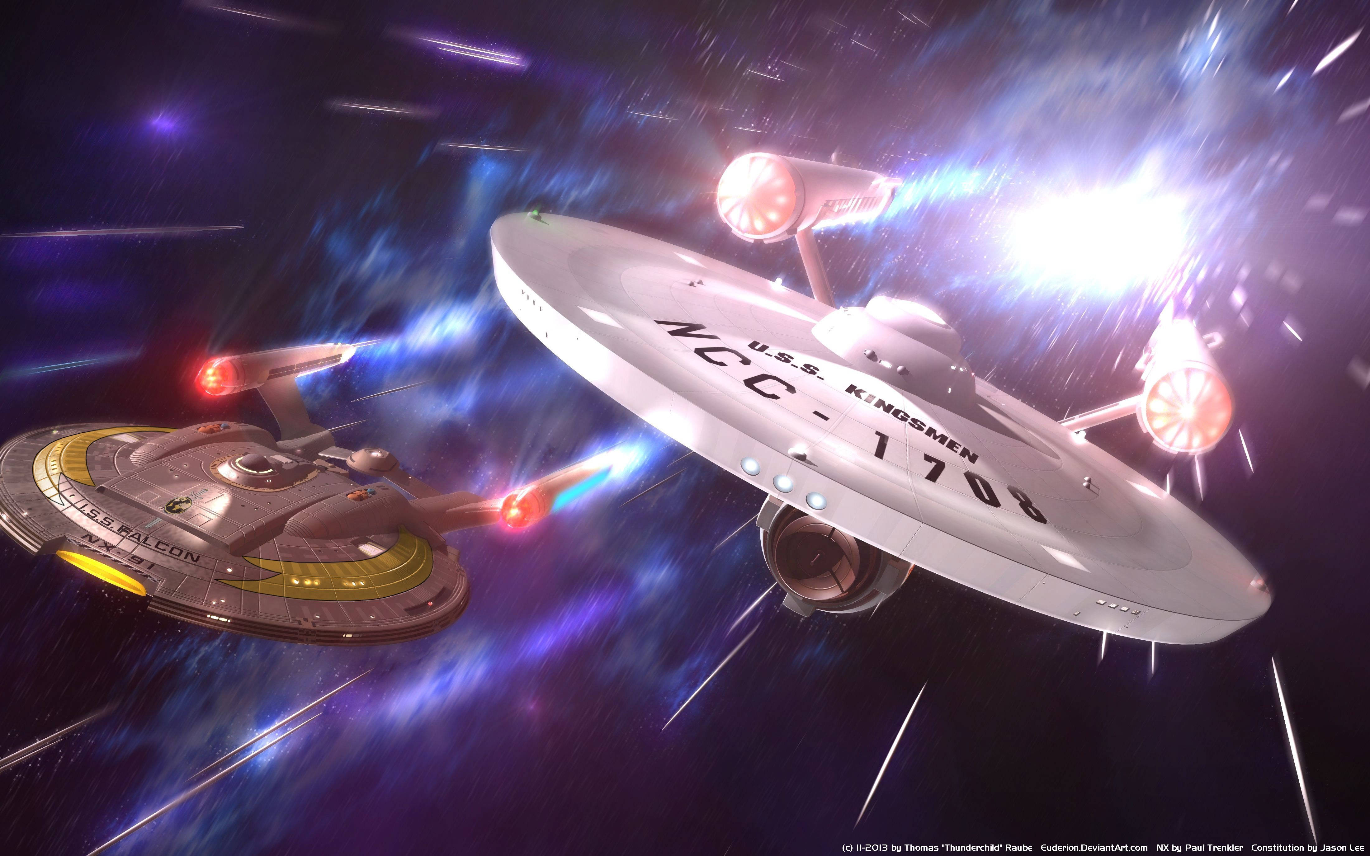 全高清 桌布 壁紙 — 兩艘星艦在充滿活力的宇宙風暴中戰鬥，引擎發光，能量光束劃破天際。