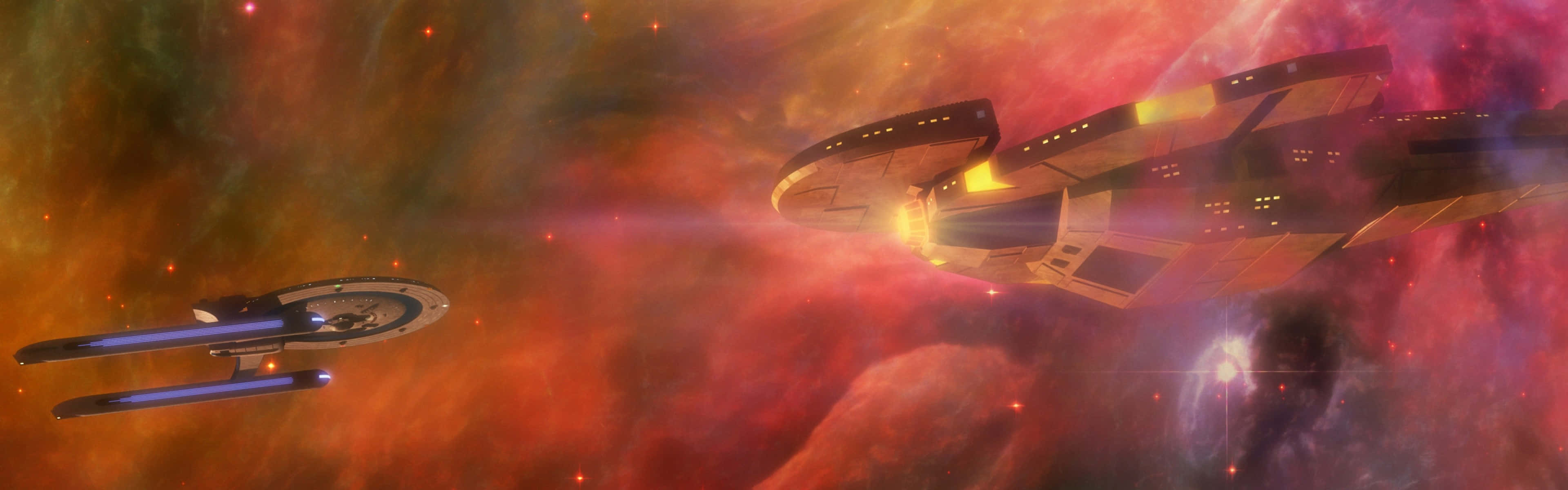 Starship 桌布 壁紙 — 兩艘星艦滑翔穿過一個充滿活力的星雲，散發著火紅、橙色和紫色的光芒。