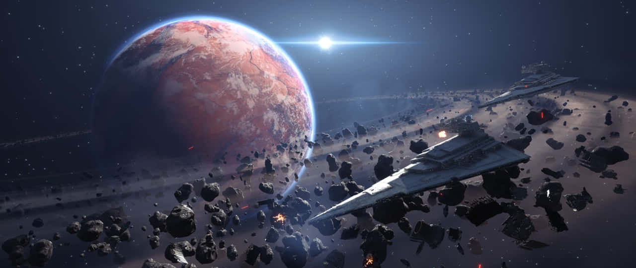 Star Wars Games 桌布 壁紙 — 兩艘星際戰機在明亮恆星下，於一個岩石小行星帶靠近一個偏紅色行星航行。