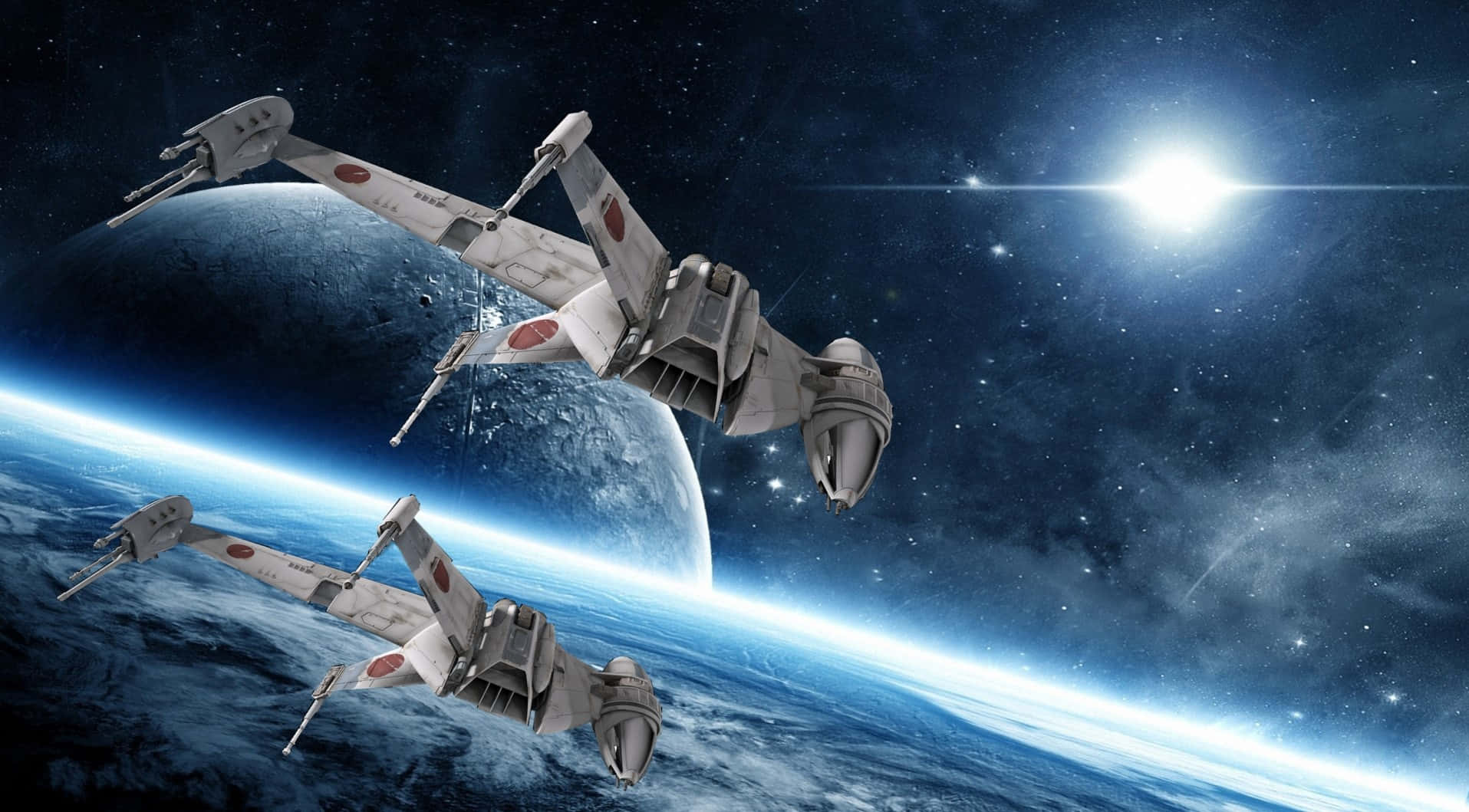 Interstellar Travel 桌布 壁紙 — 兩艘星際戰機在藍色行星上空穿梭，明亮的太陽產生鏡頭光暈。
