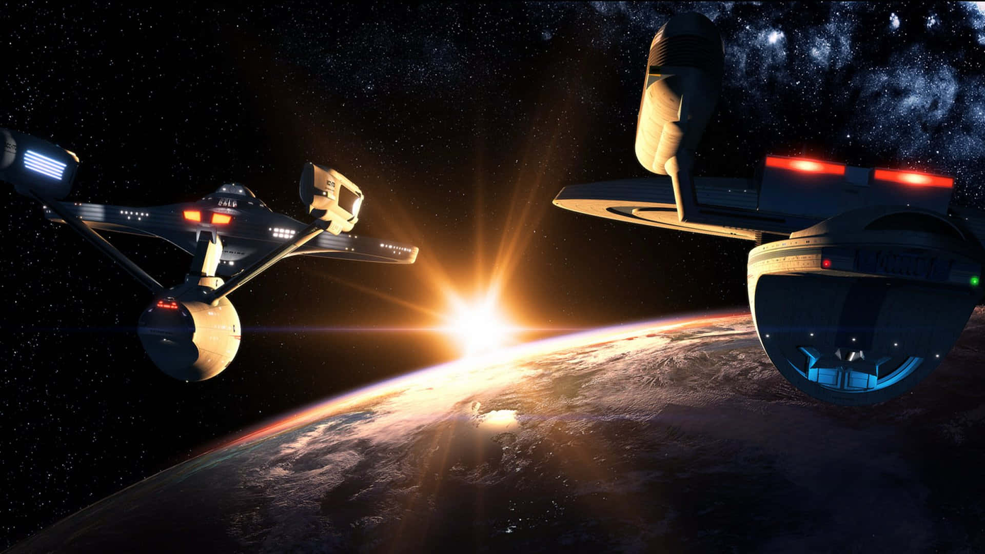 3d Space 桌布 壁紙 — 兩艘星際飛船在日出時飛過一顆發光的行星，黑暗的天空中點綴著星星。