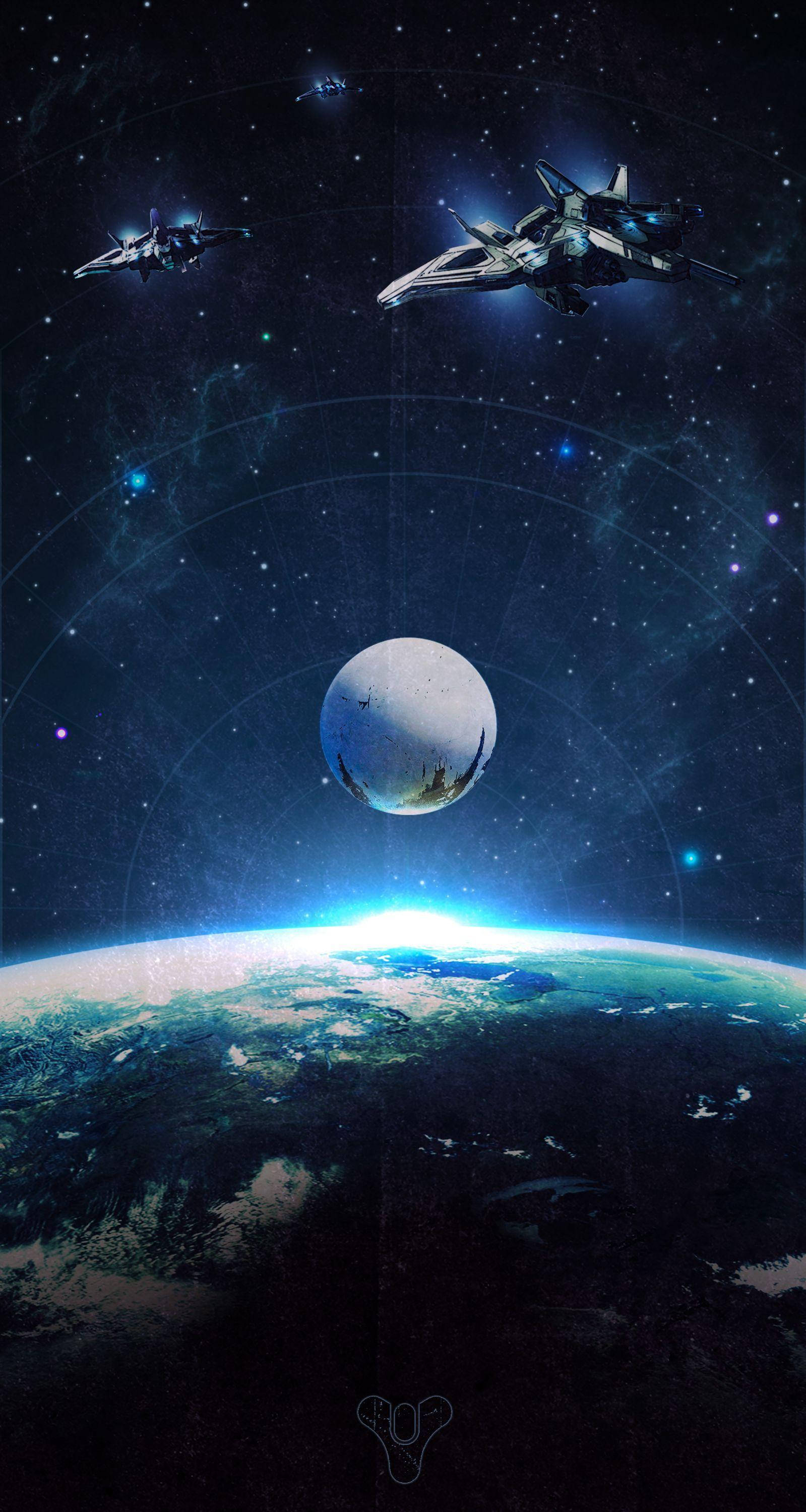 天命2 桌布 壁紙 — 兩艘時尚的未來太空船在星光熠熠的宇宙背景下翱翔於發光的藍色星球之上。
