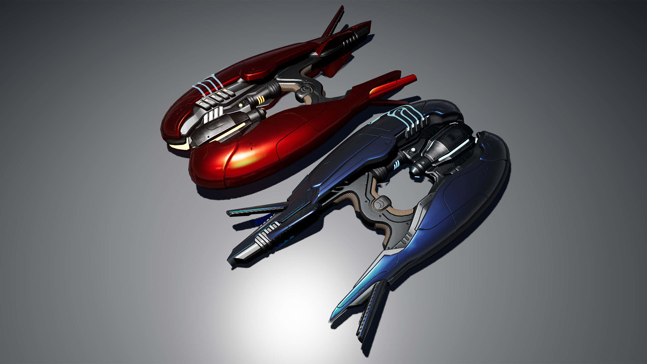 Plasma Rifle 桌布 壁紙 — 兩艘時尚的未來風格太空船，一艘紅色一艘藍色，懸浮在帶有金屬光澤的漸變灰色背景上。
