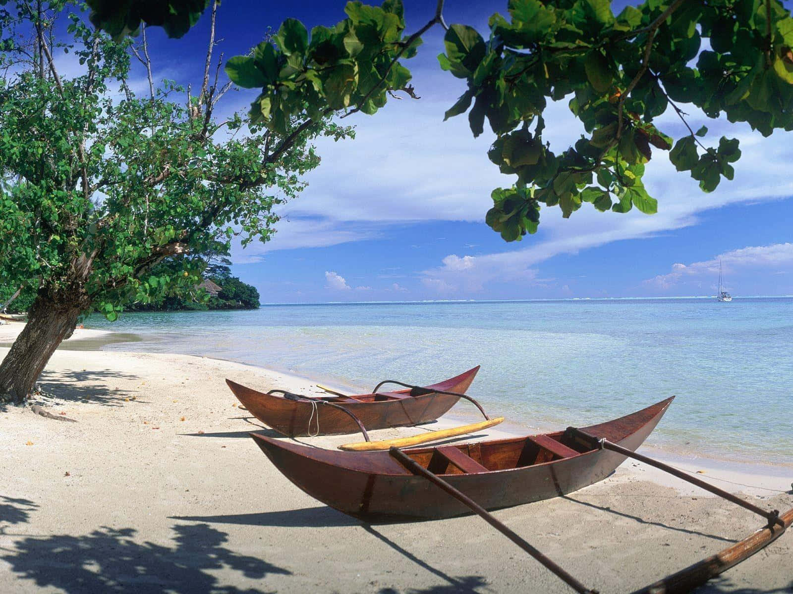 Beach Desktop 桌布 壁紙 — 兩艘木船在陽光明媚的沙灘上，在茂密的綠樹下，伴隨著碧綠的海水和遠處的帆船。