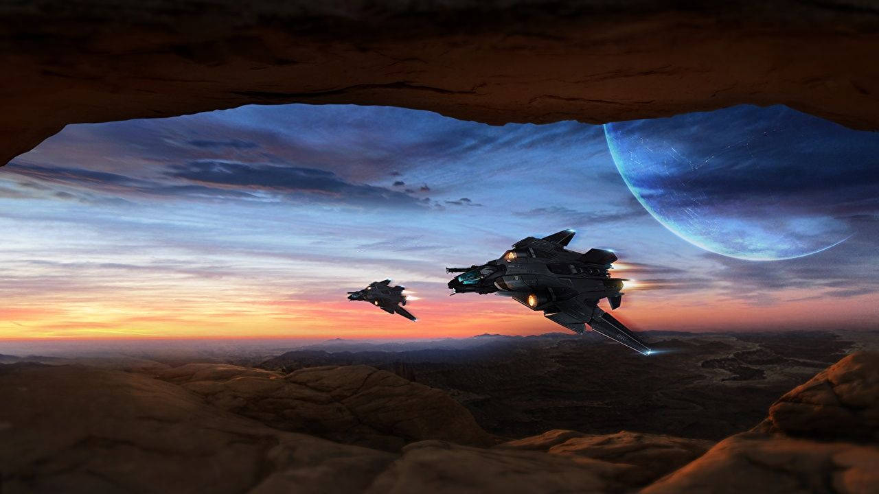 Star Citizen 桌布 壁紙 — 兩艘未來太空船在日落時飛過峽谷，一顆藍色星球懸掛在天空中。