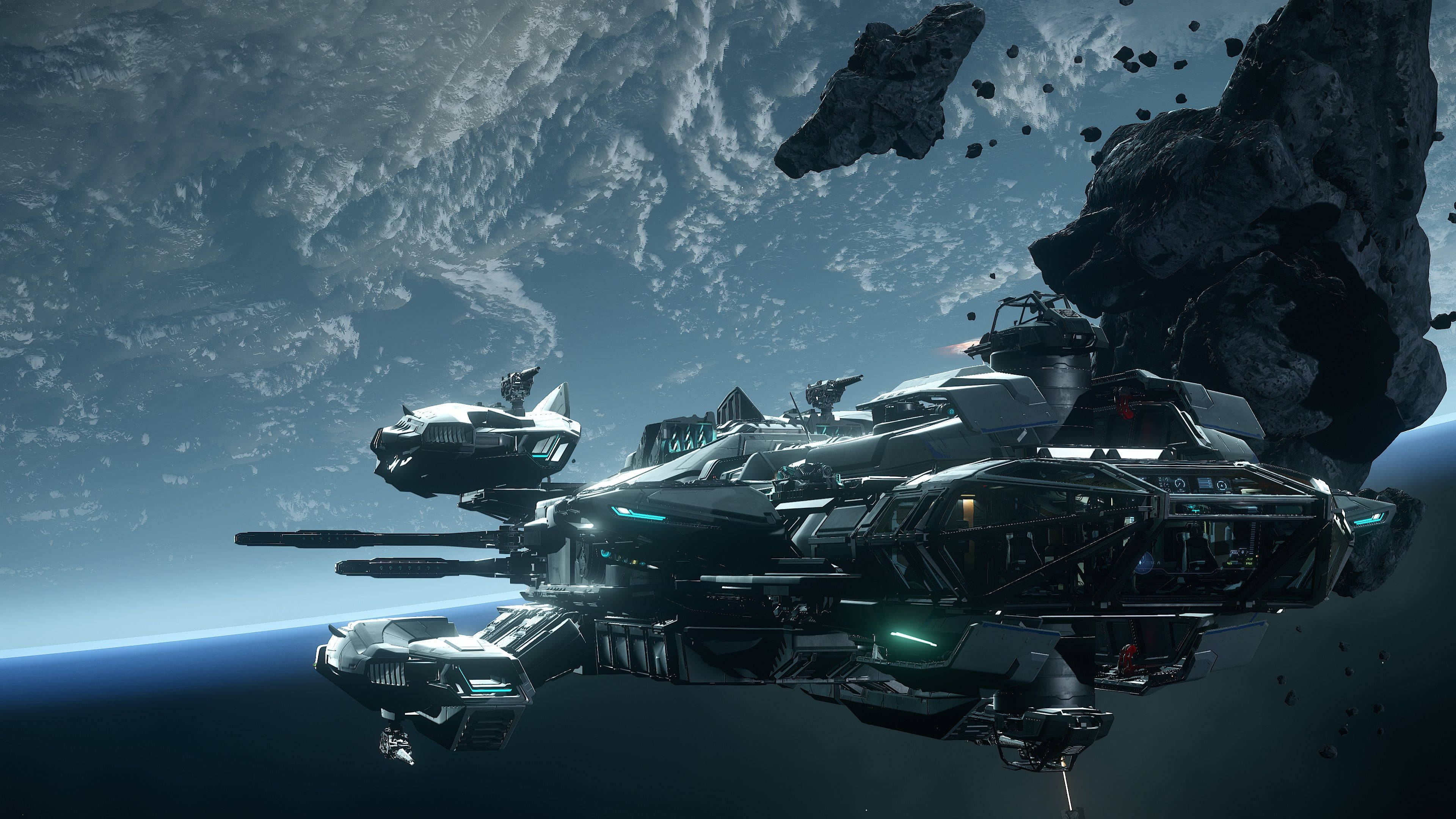星際公民 桌布 壁紙 — 兩艘未來戰艦在行星附近穿越小行星帶，行星上有旋轉的雲層。