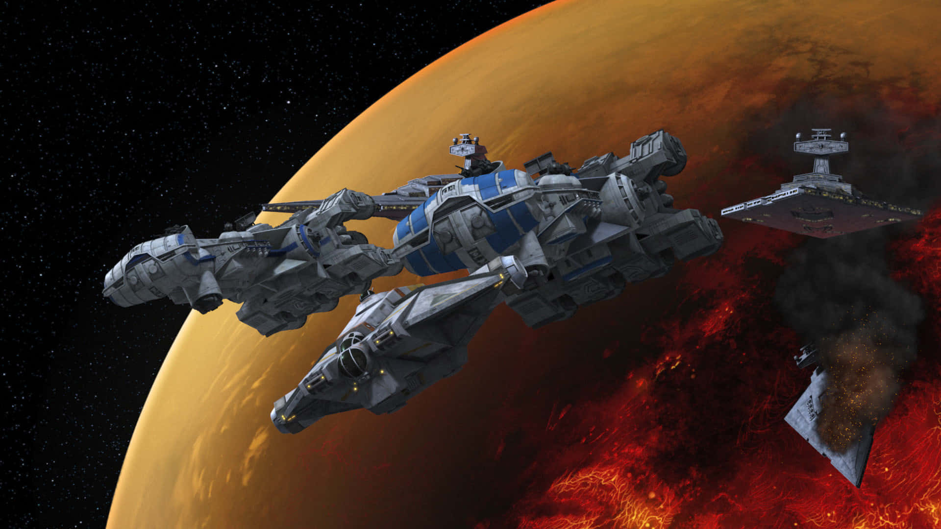 Mustafar 桌布 壁紙 — 兩艘未來風格的太空船在一個表面噴發熔岩的火橙色行星附近戰鬥。