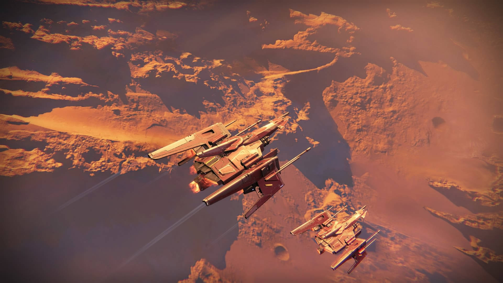 destiny 4K 桌布 壁紙 — 兩艘未來風格的太空船在一片崎嶇的外星行星上空翱翔，該行星在朦朧的天空下呈現橙色和棕色的地形。