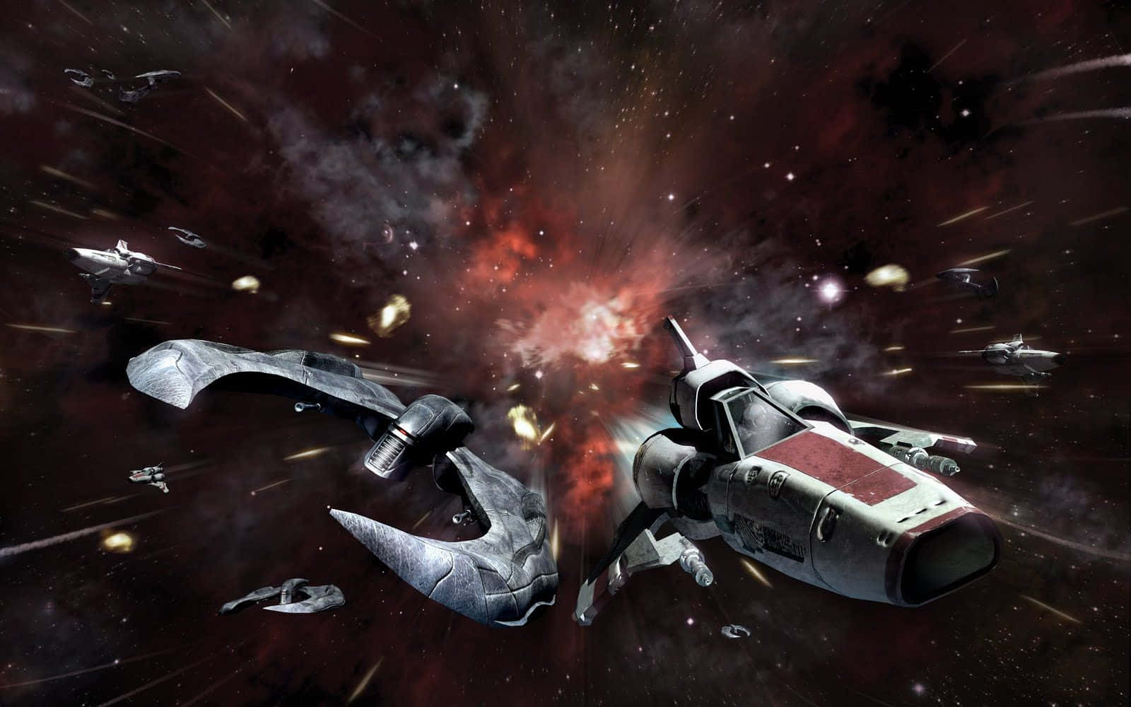 Tv Series 桌布 壁紙 — 兩艘未來風格的太空船在佈滿星辰的宇宙戰場中激烈碰撞，引發猛烈爆炸。