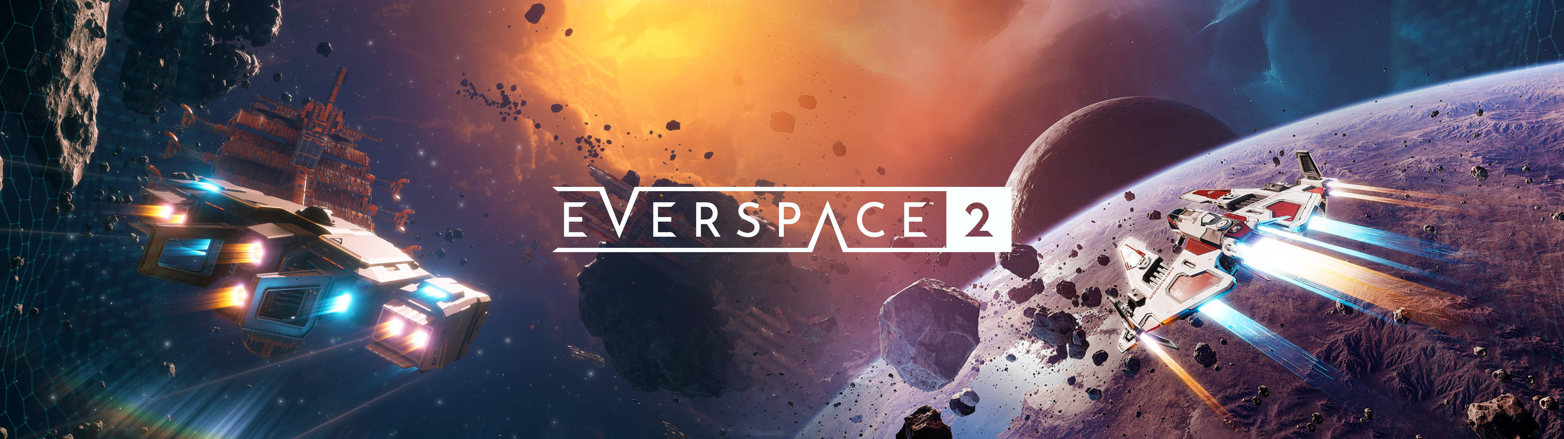 5120x1440 gaming 桌布 壁紙 — 兩艘未來風格的太空船在充滿小行星和遙遠行星的鮮豔星雲中競速。