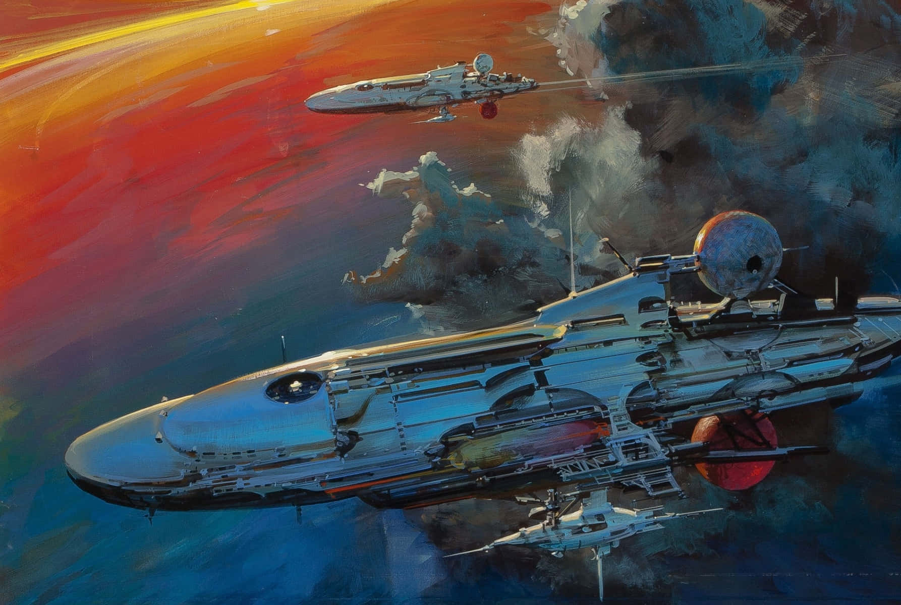 Spacecraft 桌布 壁紙 — 兩艘未來風格的太空船在充滿戲劇性雲彩和火熱橙色色調的鮮豔日落天空中翱翔。