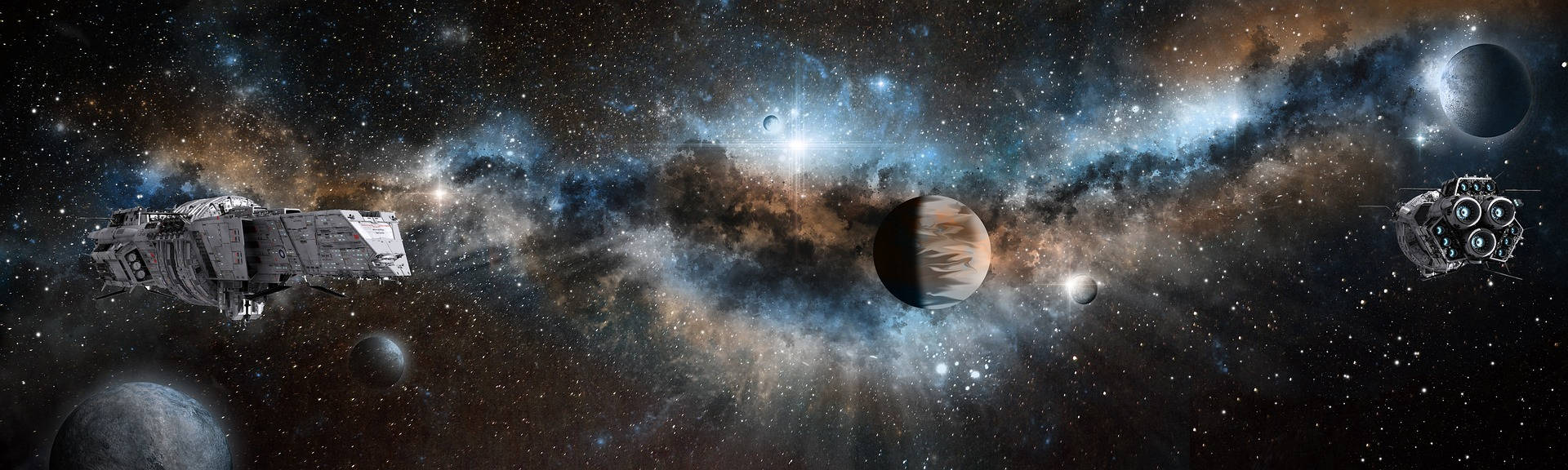Spaceship 桌布 壁紙 — 兩艘未來風格的太空船在充滿閃爍星星和遙遠行星的鮮豔宇宙星雲中滑行。