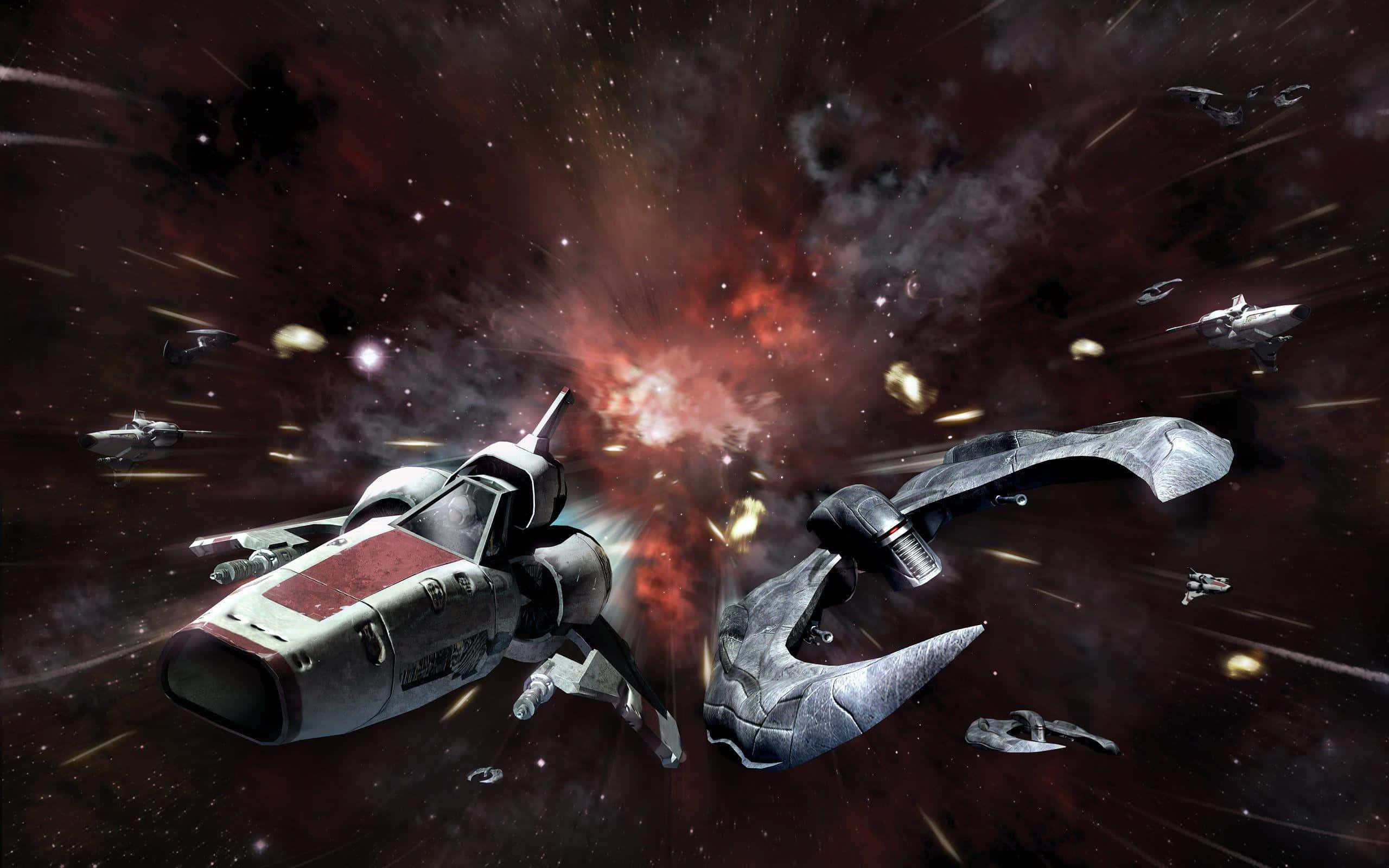 battlestar galactica 桌布 壁紙 — 兩艘未來風格的太空船在旋轉的紅色星雲中猛烈爆炸，周圍有遙遠的星星和碎片。