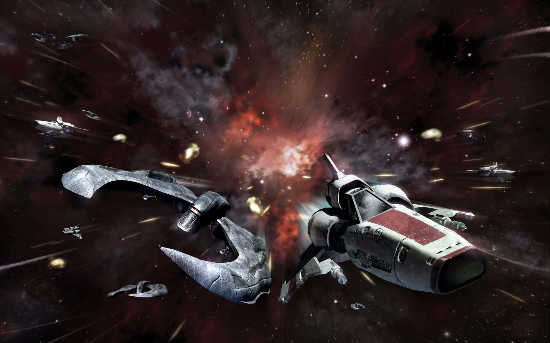 battlestar galactica 桌布 壁紙 — 兩艘未來風格的太空船在星空中碰撞，引發猛烈爆炸，碎片四散，遠處還有其他船隻。