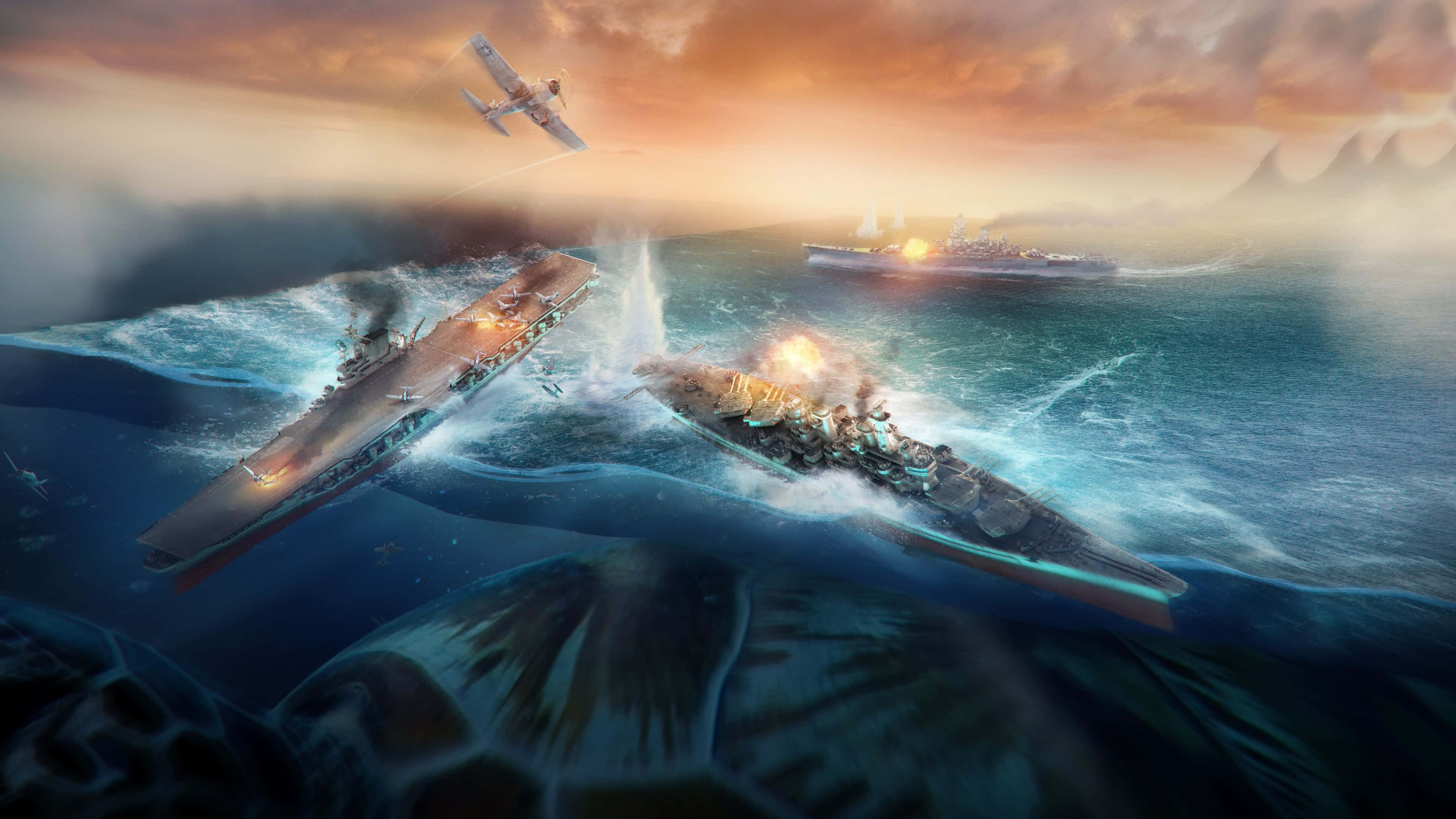 Flat Earth 桌布 壁紙 — 兩艘軍艦在波濤洶湧的海浪上激烈交戰，頭頂有戰鬥機飛過，背景是戲劇性的日落天空。