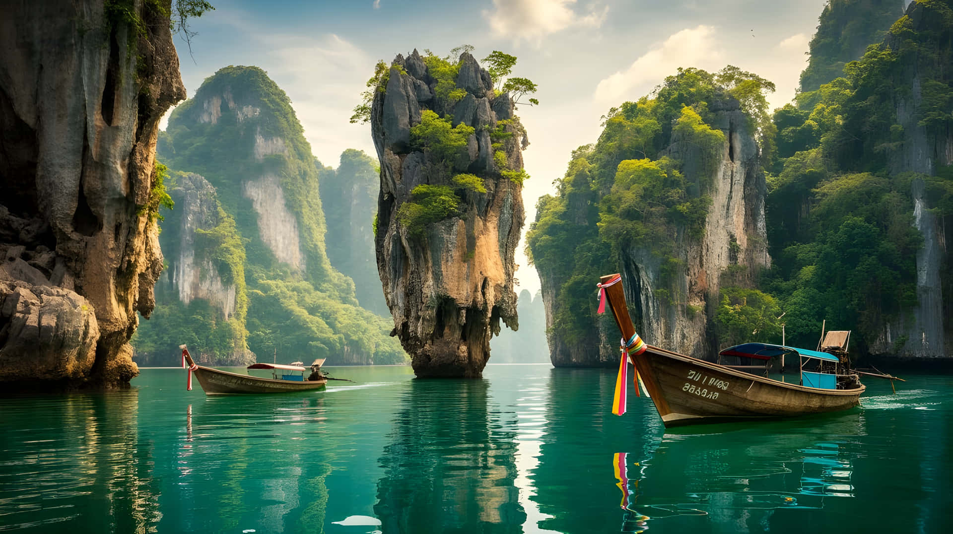 Scenic Paradise Island and Traditional Boat Landscape Wallpaper 壁紙 — 兩艘長尾船在碧綠色的水域上滑行，穿梭於高聳的石灰岩懸崖之間，懸崖上覆蓋著茂密的綠色植物。