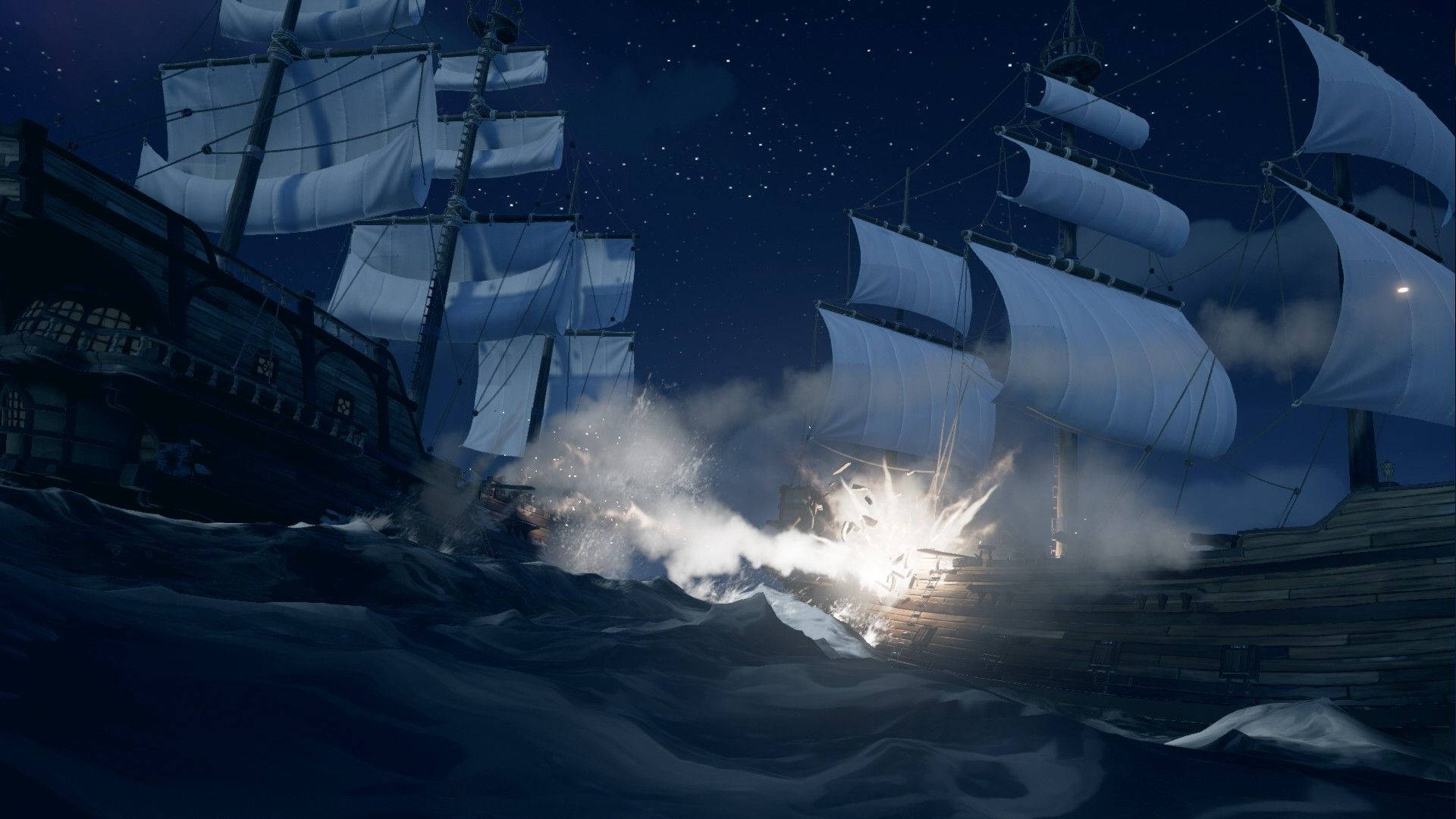Sea Of Thieves 桌布 壁紙 — 兩艘高船在星光熠熠的海上碰撞，炮火在它們之間爆炸。