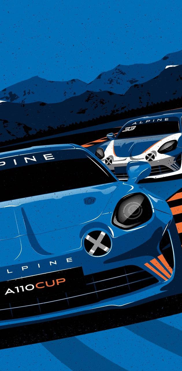 F1 桌布 壁紙 — 兩輛 Alpine A110 Cup 賽車在深藍色天空下，以白雪覆蓋的山峰為背景，沿著山路疾馳。
