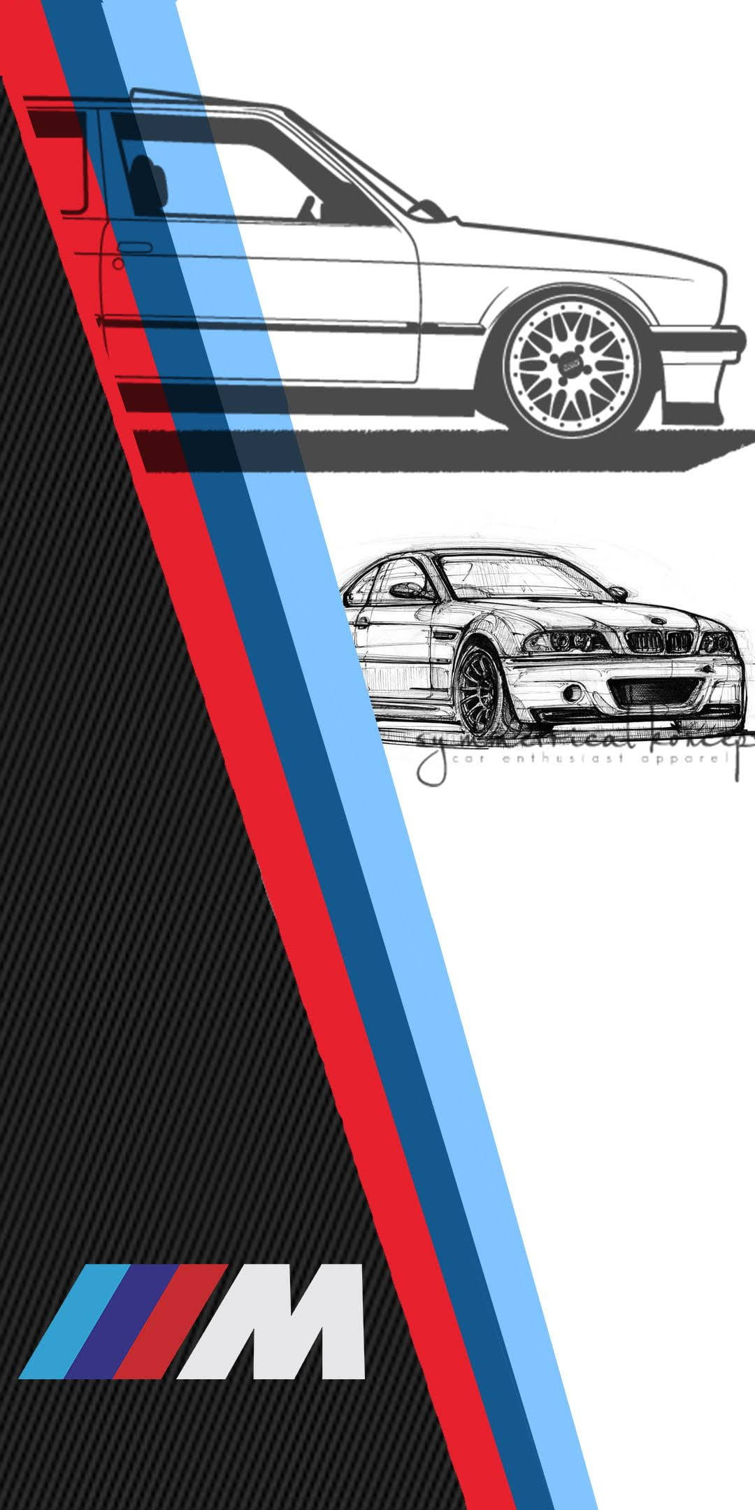標誌 桌布 壁紙 — 兩輛BMW M車以黑白素描呈現，背景為對角碳纖維紋理，帶有紅、藍、淺藍色條紋。