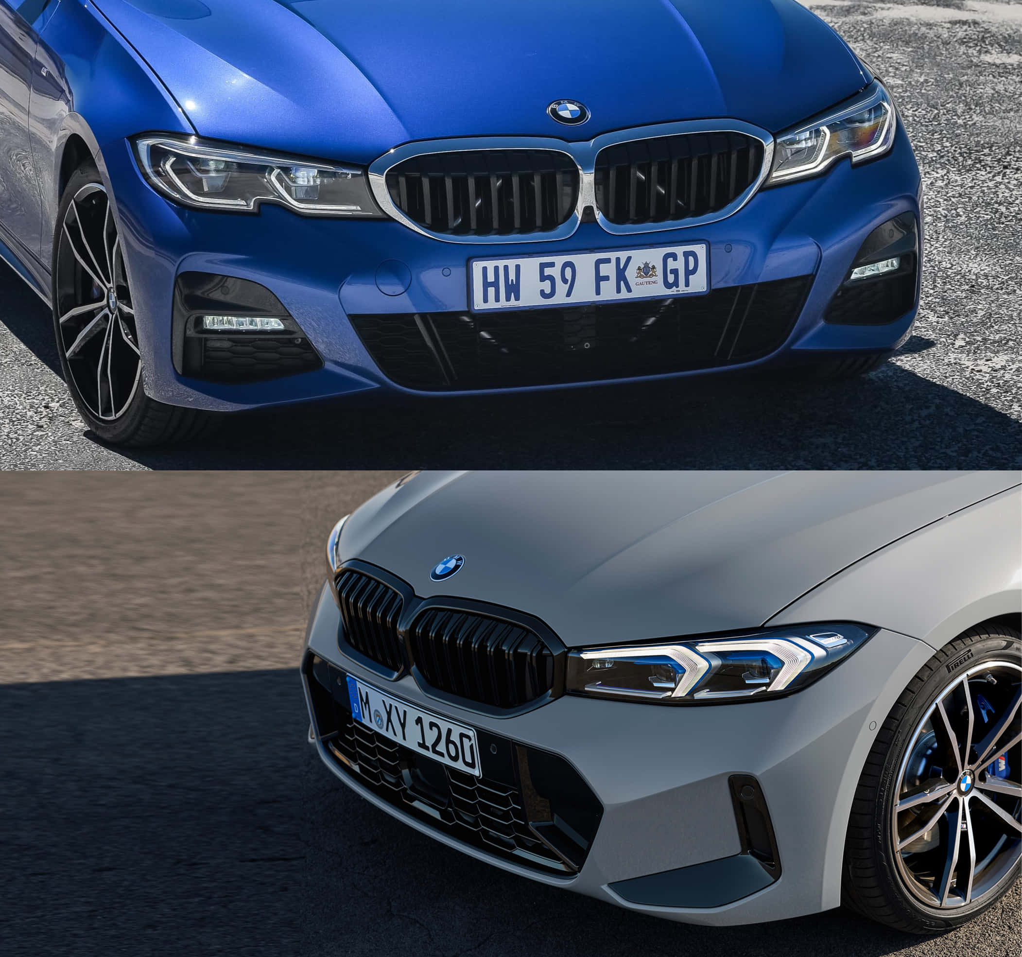 Bmw 3 Series 桌布 壁紙 — 兩輛BMW汽車正面視圖，一藍一灰，停放在瀝青路上，陽光普照。