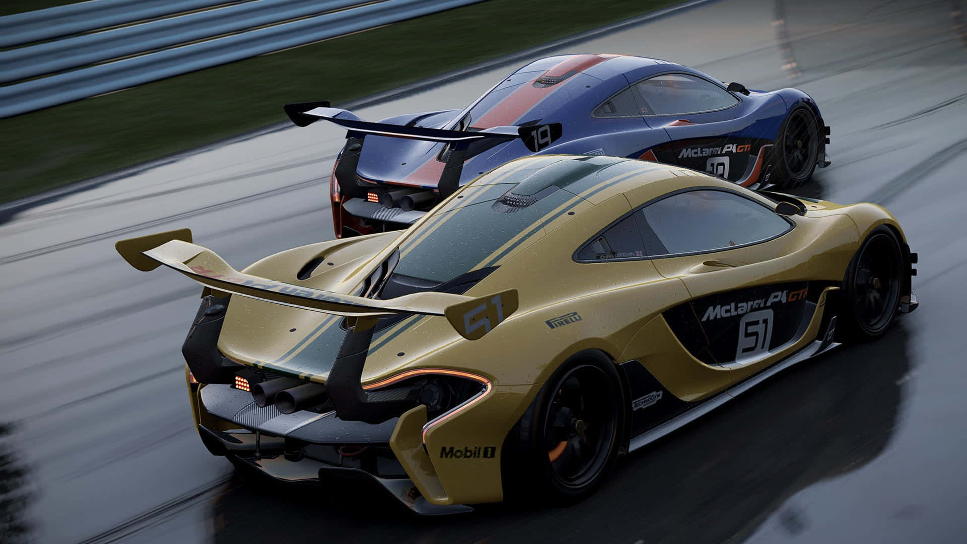 1920x1080 Project Cars 桌布 壁紙 — 兩輛McLaren P1 GTR賽車在濕滑賽道上並排飛馳，動態模糊強調高速。