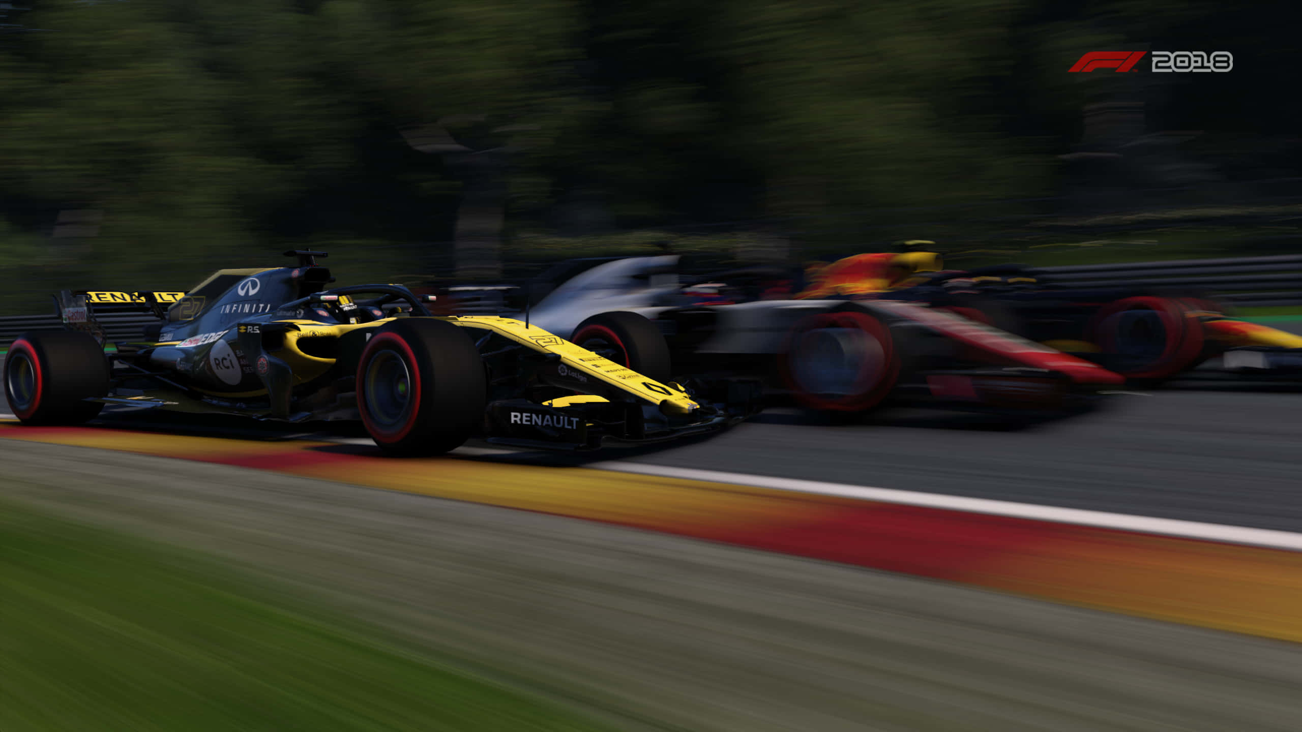 Racing 桌布 壁紙 — 兩輛一級方程式賽車並排競速，動態模糊傳達高速和激烈競爭。