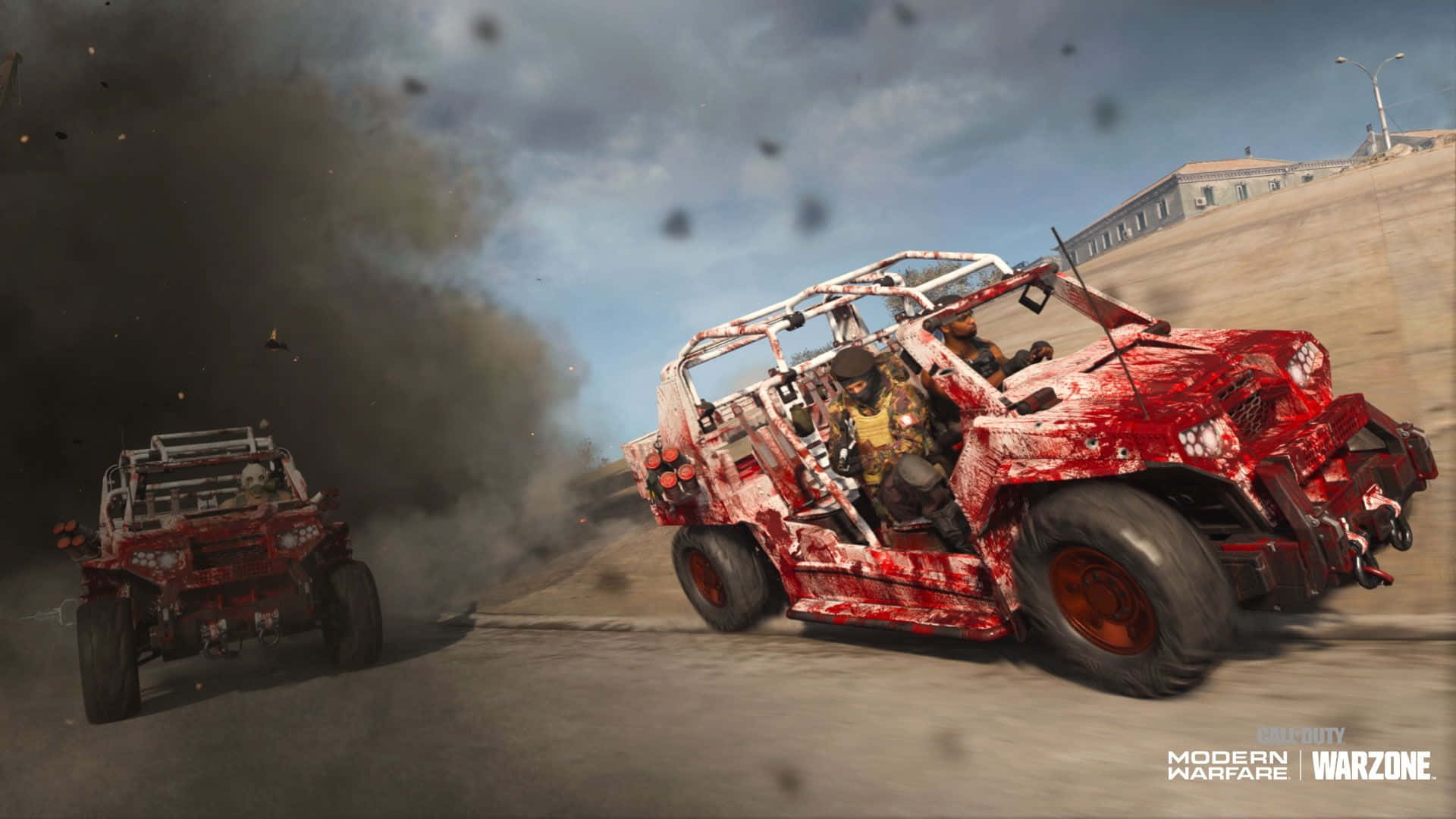 Call Of Duty Vehicles 桌布 壁紙 — 兩輛佈滿戰痕的紅色越野車在塵土飛揚的地形中奔馳，身後煙霧滾滾。