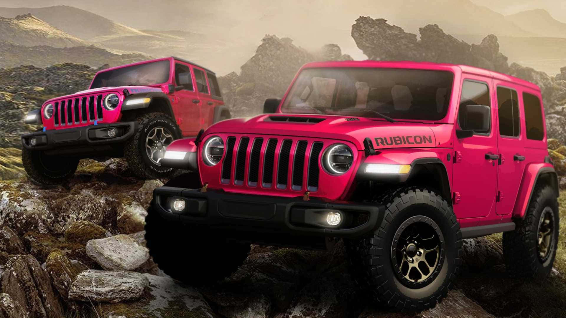 吉普 桌布 壁紙 — 兩輛充滿活力的粉紅色Jeep Rubicon SUV在朦朧的山景天空下征服崎嶇的岩石地形。