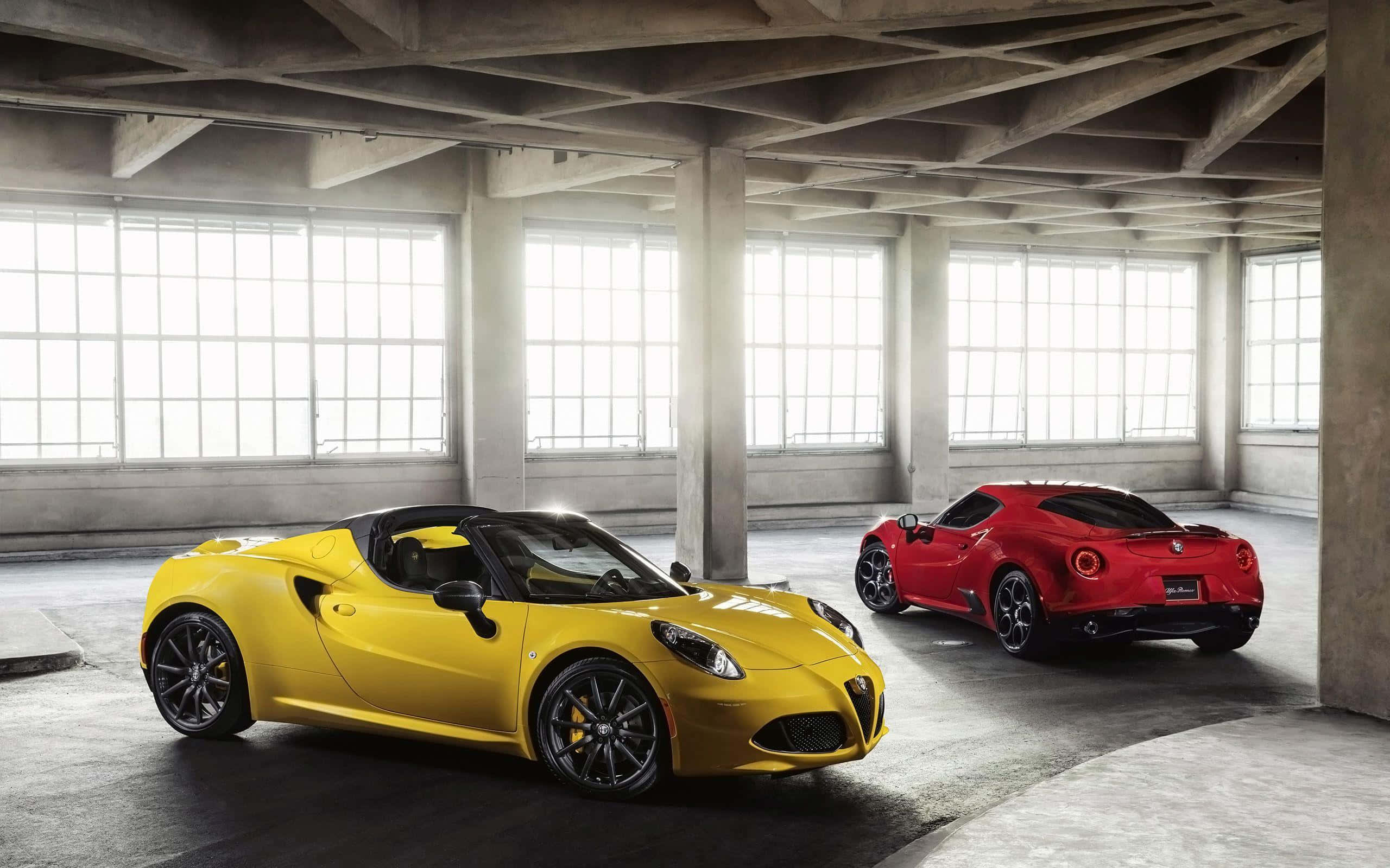 Alfa Romeo 4c 桌布 壁紙 — 兩輛充滿活力的跑車，黃色和紅色，停放在一個寬敞的工業倉庫內，天花板很高，窗戶很大。