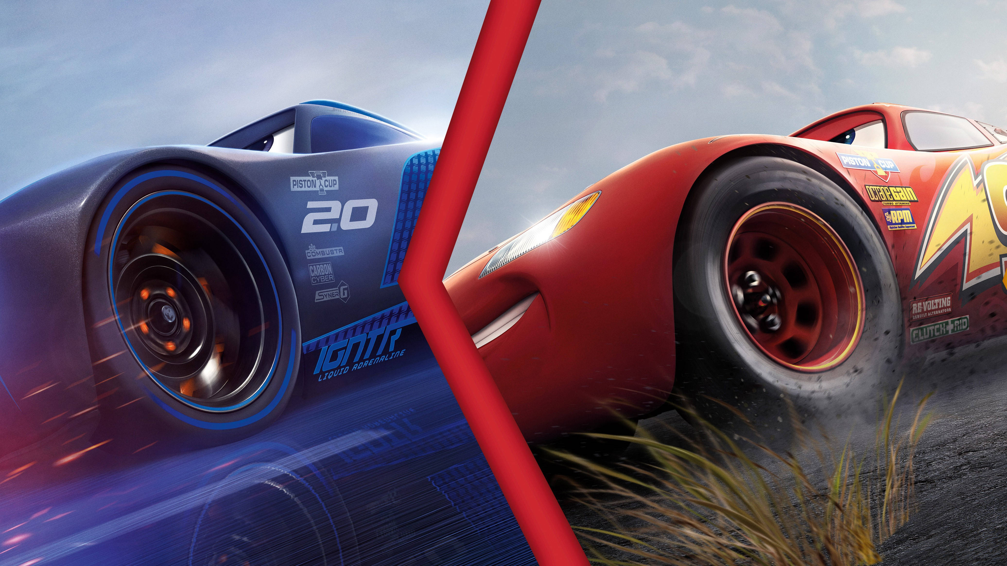 Pixar 桌布 壁紙 — 兩輛動畫賽車並排奔馳在賽道上，它們之間有紅色對角分割效果。
