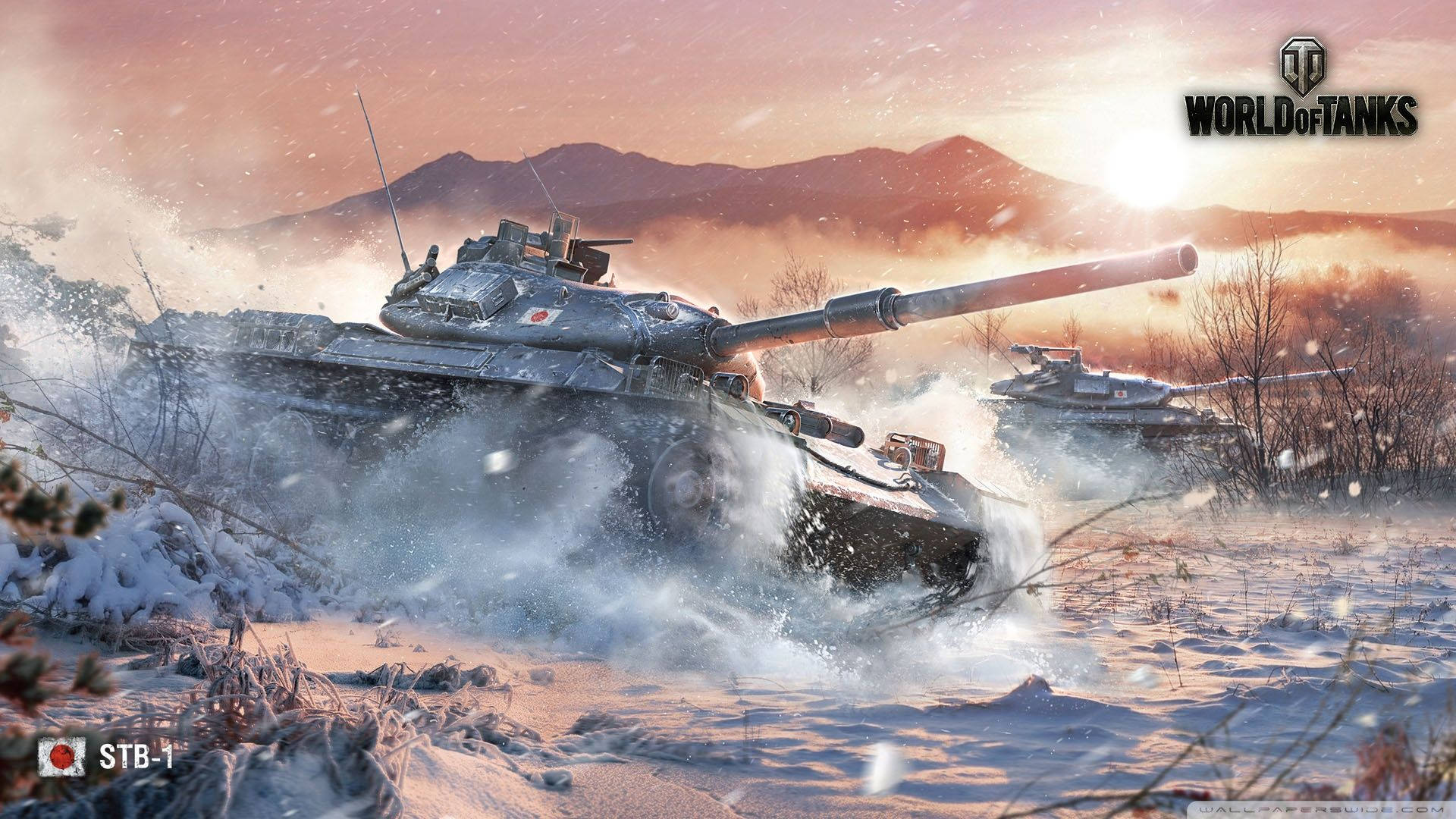 World 桌布 壁紙 — 兩輛坦克在雪地戰場上衝鋒，雪花在夕陽餘暉下旋轉。