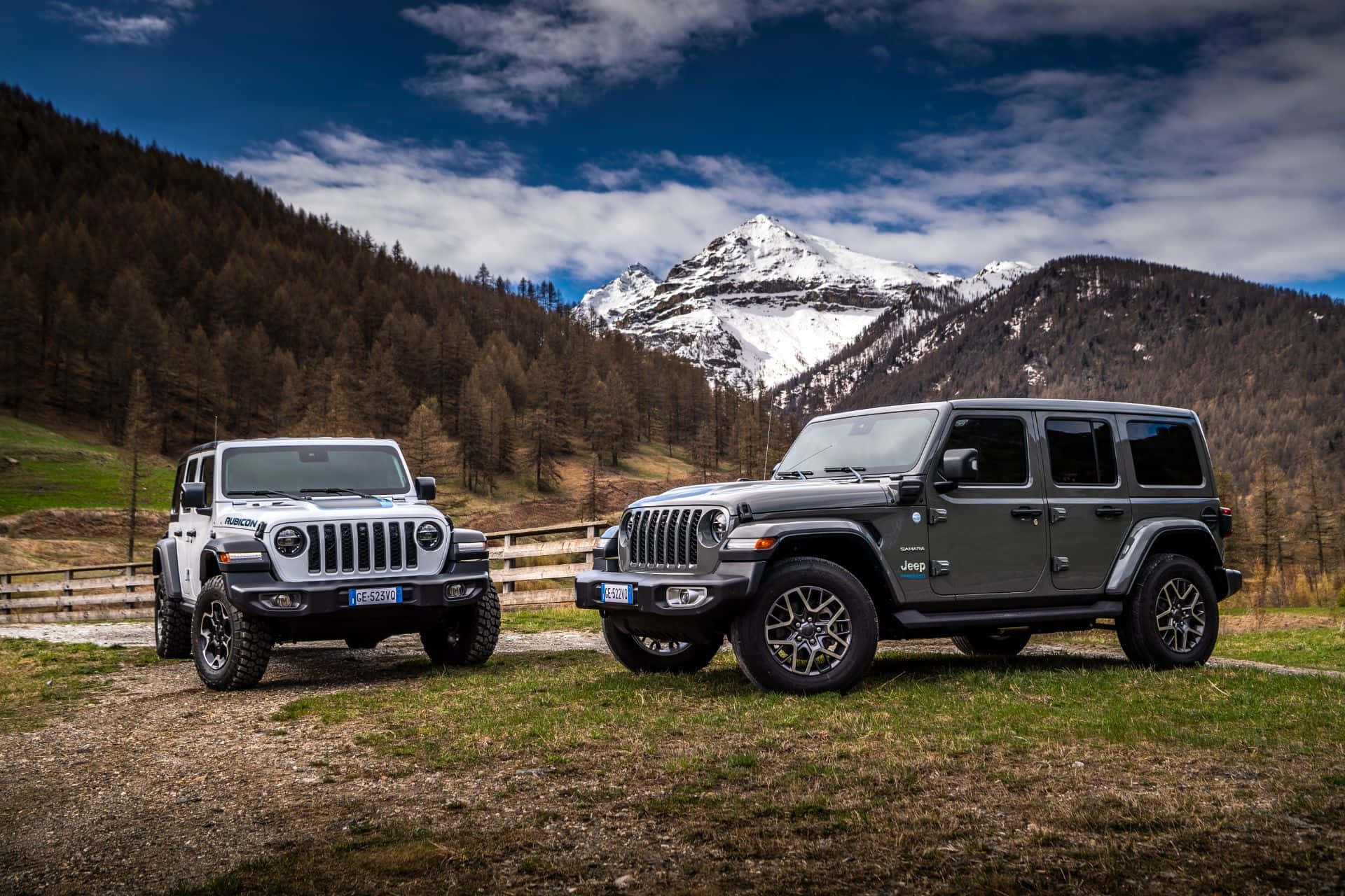 吉普 桌布 壁紙 — 兩輛堅固的Jeep Wrangler停泊在草地地形上，背景是積雪的山脈和松樹林，天空部分多雲的藍天。