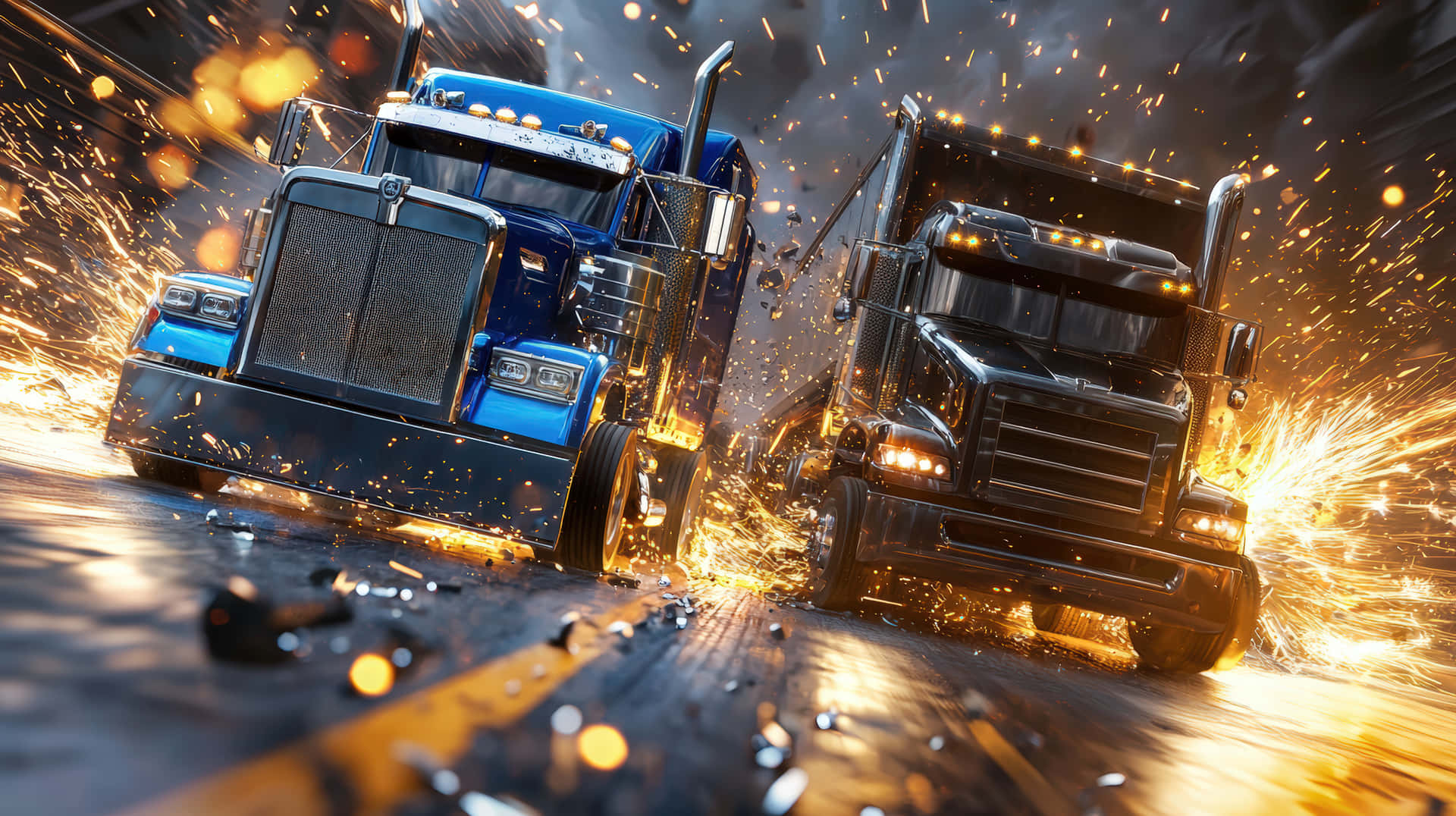 Intense Duel Between a Blue and Black Semi-Truck on a Highway with Sparks 壁紙 — 兩輛大型半掛卡車在黑暗粗糙的背景前正面相撞，產生耀眼的金色火花爆炸。