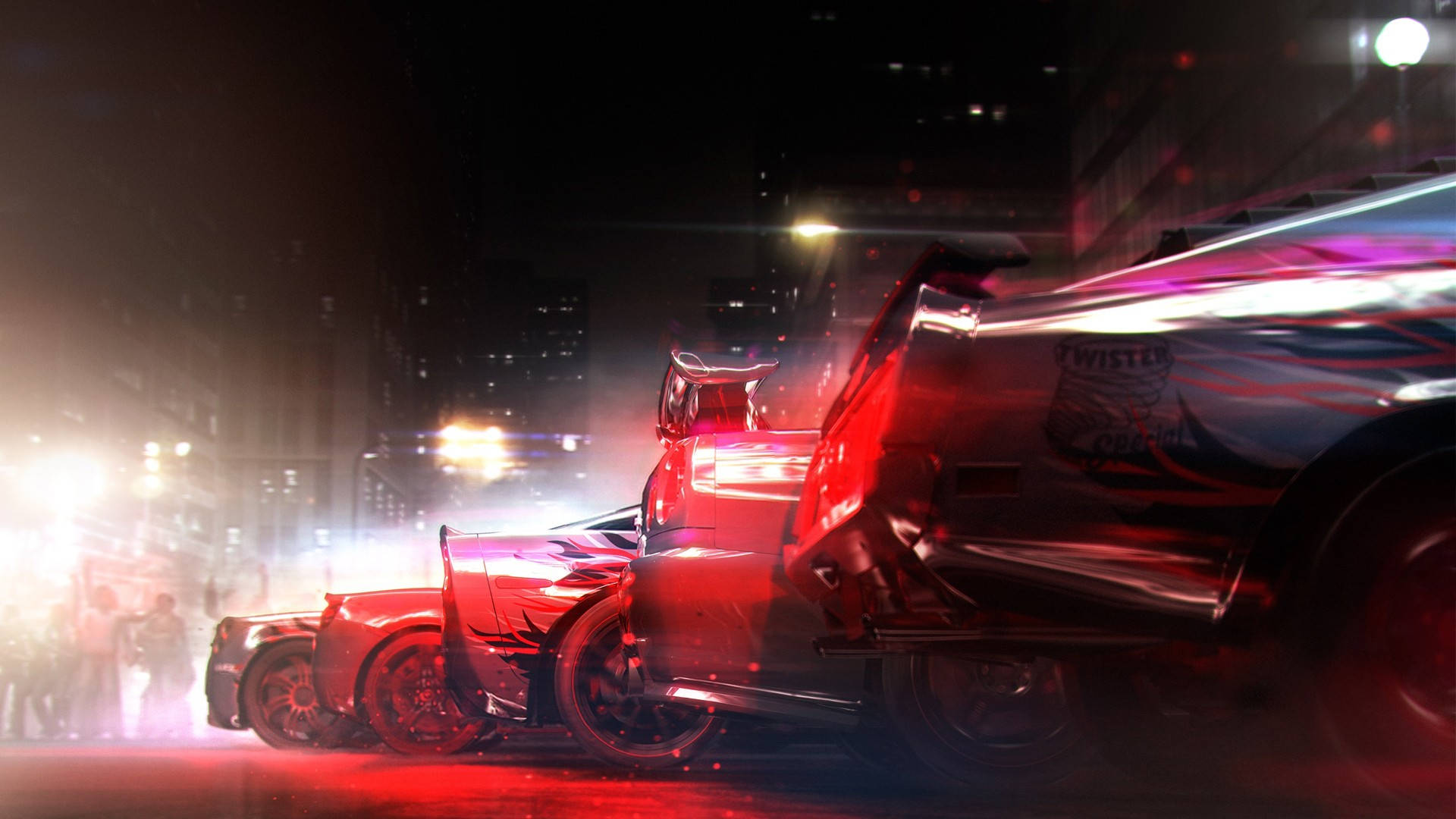 grid 桌布 壁紙 — 兩輛定制汽車在夜間霓虹燈照亮的城市街道上漂移，帶有發光的紅色反射和模糊的運動。